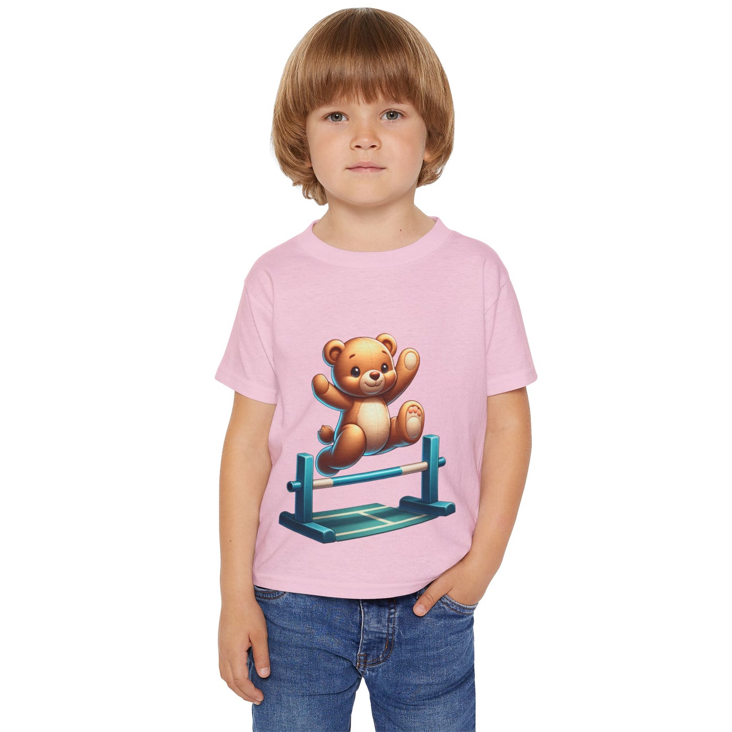Teddy bear Jumping Hurdles, Heavy Cotton™ Toddler T-shirt, olympics, child, sports, track and field, many color choices, boy, girl