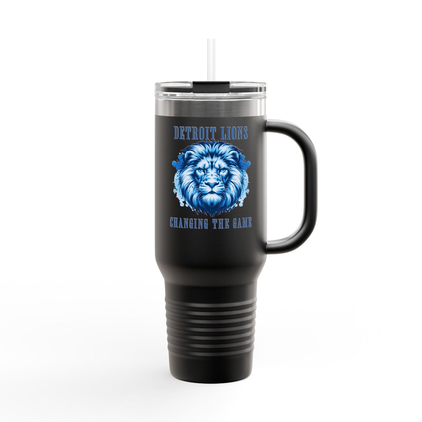 Travel Mug features a quote, "Detroit Lions, Changing the Game"