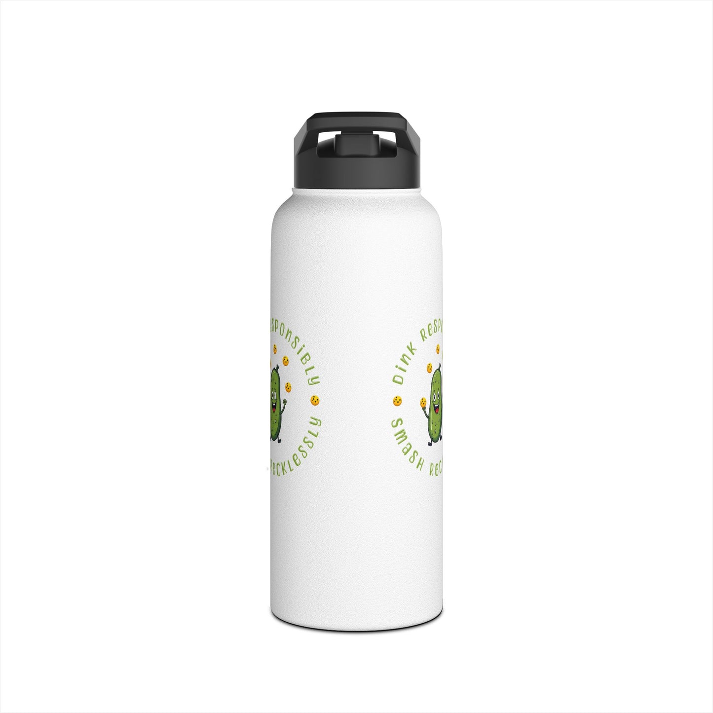 "Stainless Steel Water Bottle – Standard Lid ‘Dink Responsibly, Smash Relentlessly’ Happy Pickle Juggling Pickleballs Design"