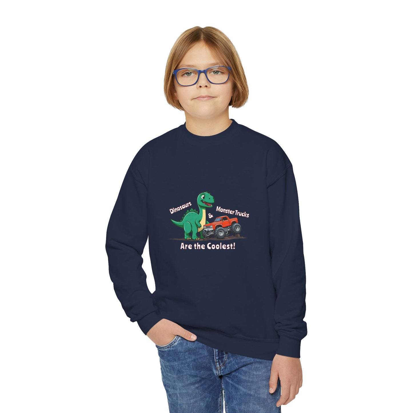 Dinosaurs & Monster Trucks Are the Coolest Youth Crewneck Sweatshirt