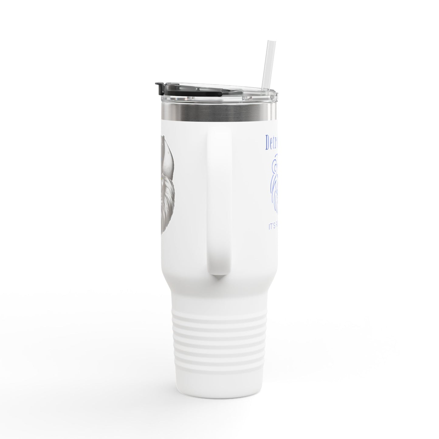 Travel Mug features a lion with a hat that says DETROIT