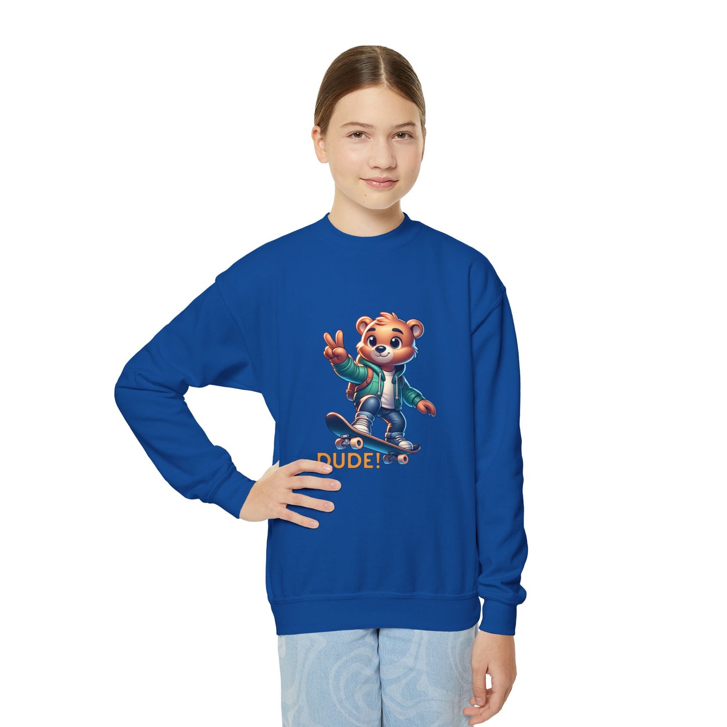 Bear Skateboard Youth Crewneck Sweatshirt with 'DUDE'