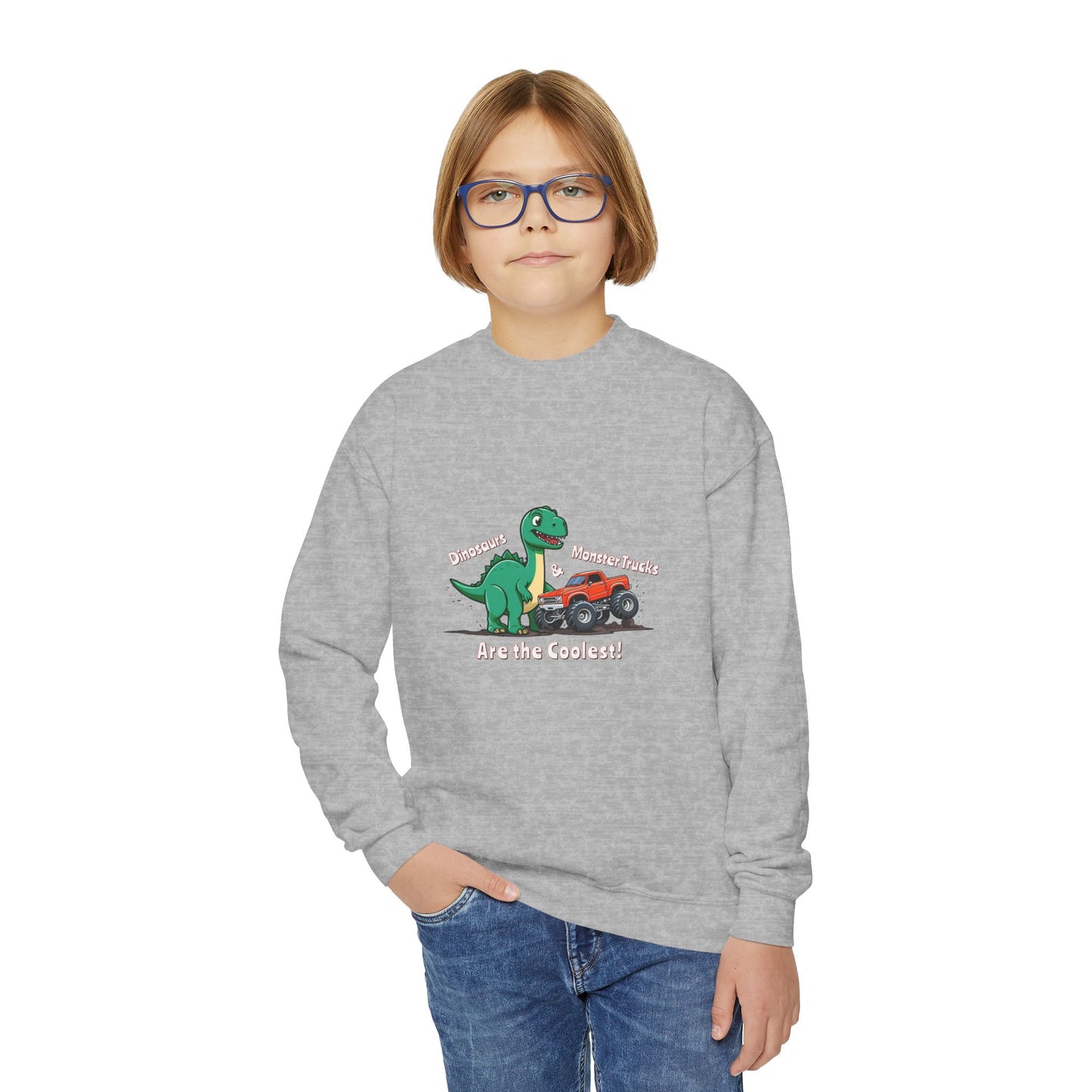 Dinosaurs & Monster Trucks Are the Coolest Youth Crewneck Sweatshirt