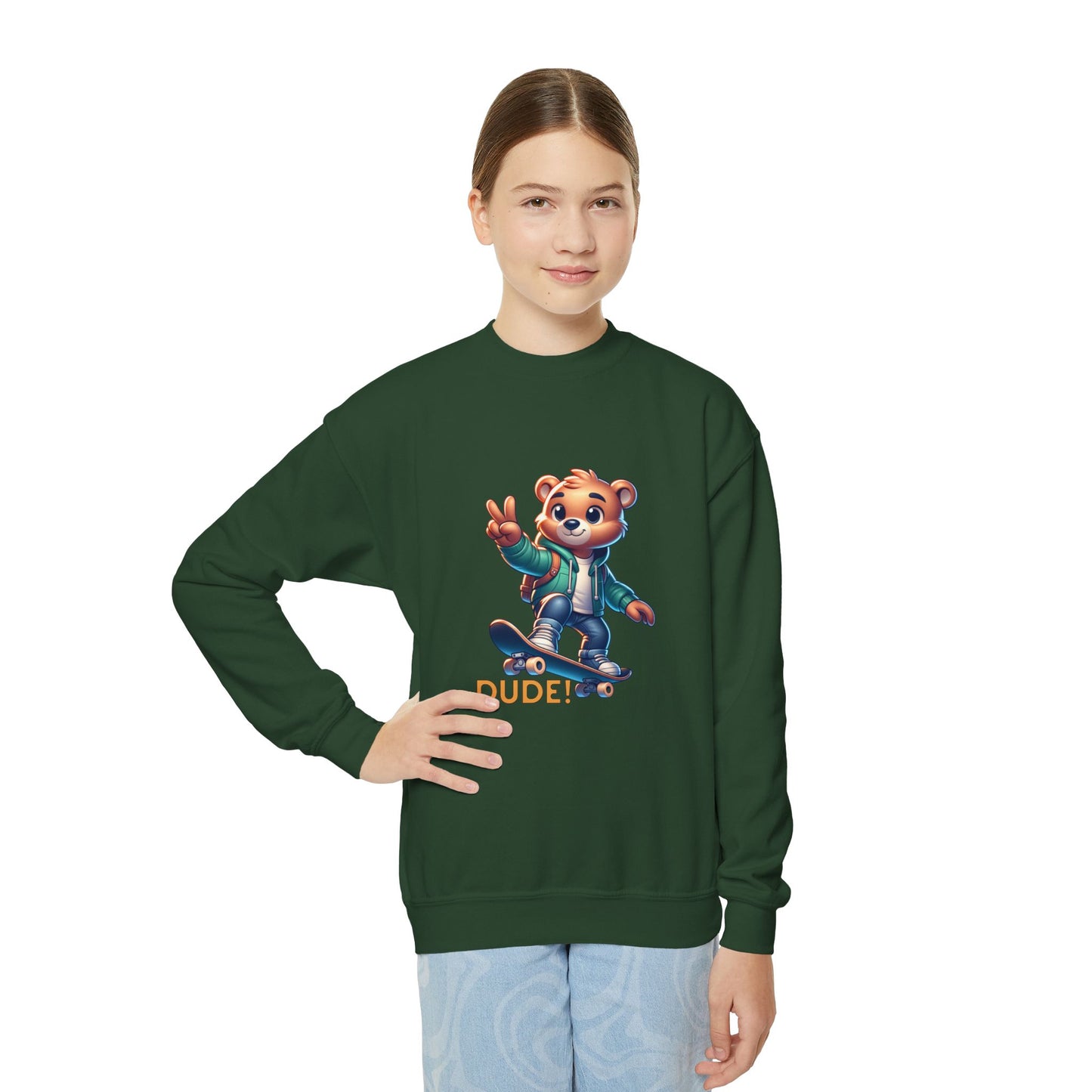 Bear Skateboard Youth Crewneck Sweatshirt with 'DUDE'