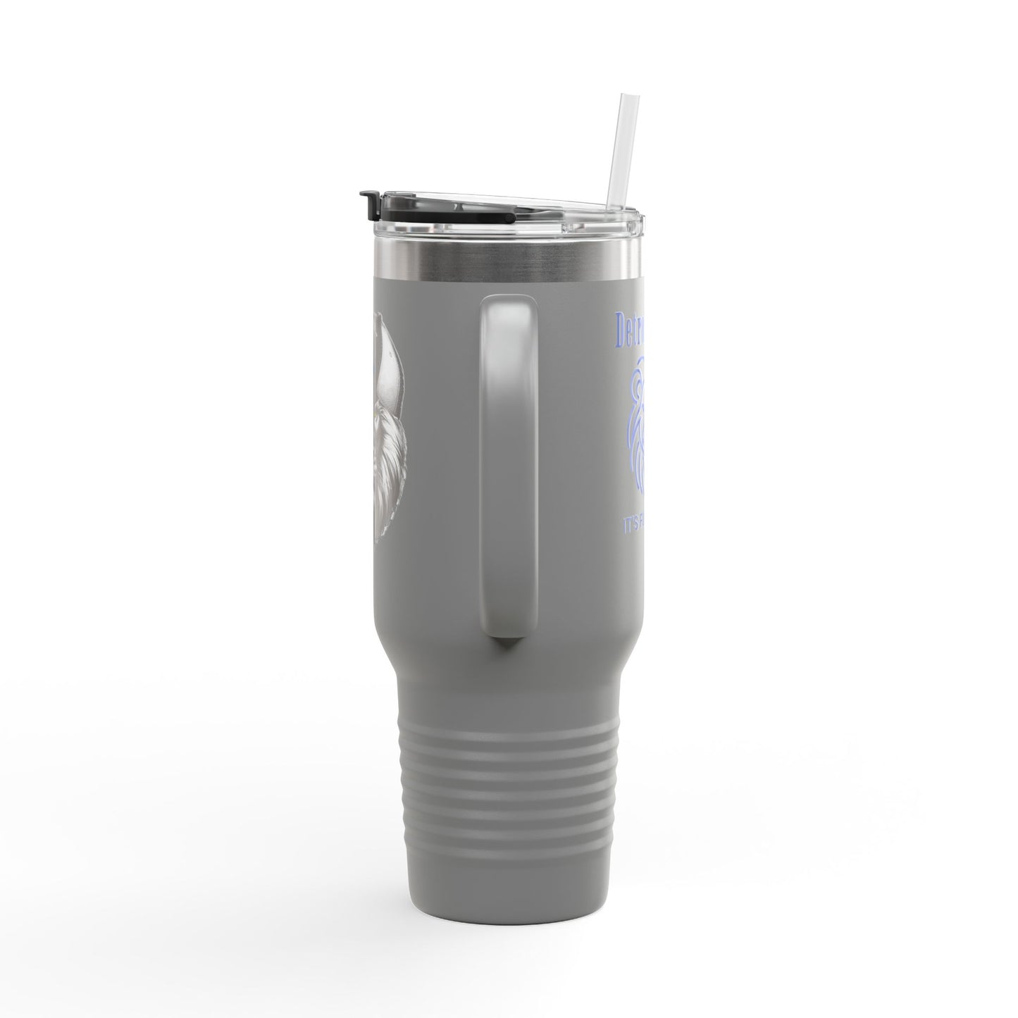 Travel Mug features a lion with a hat that says DETROIT