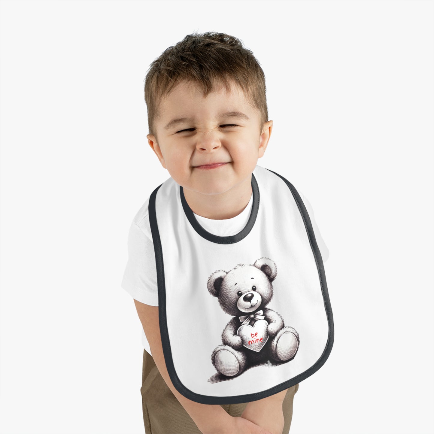 "Be Mine" – Adorable Teddy Bear Valentine’s Baby Contrast Trim Jersey Bib