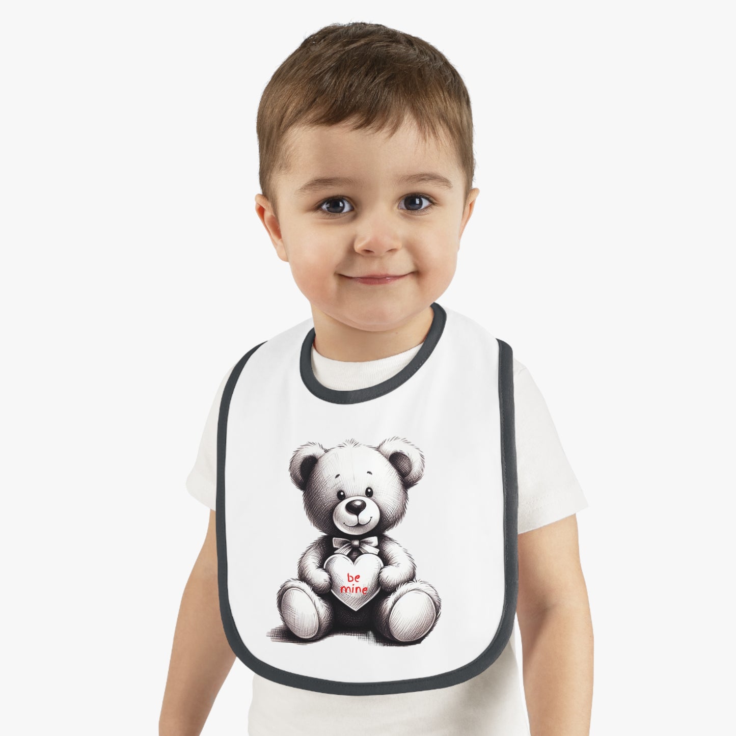 "Be Mine" – Adorable Teddy Bear Valentine’s Baby Contrast Trim Jersey Bib