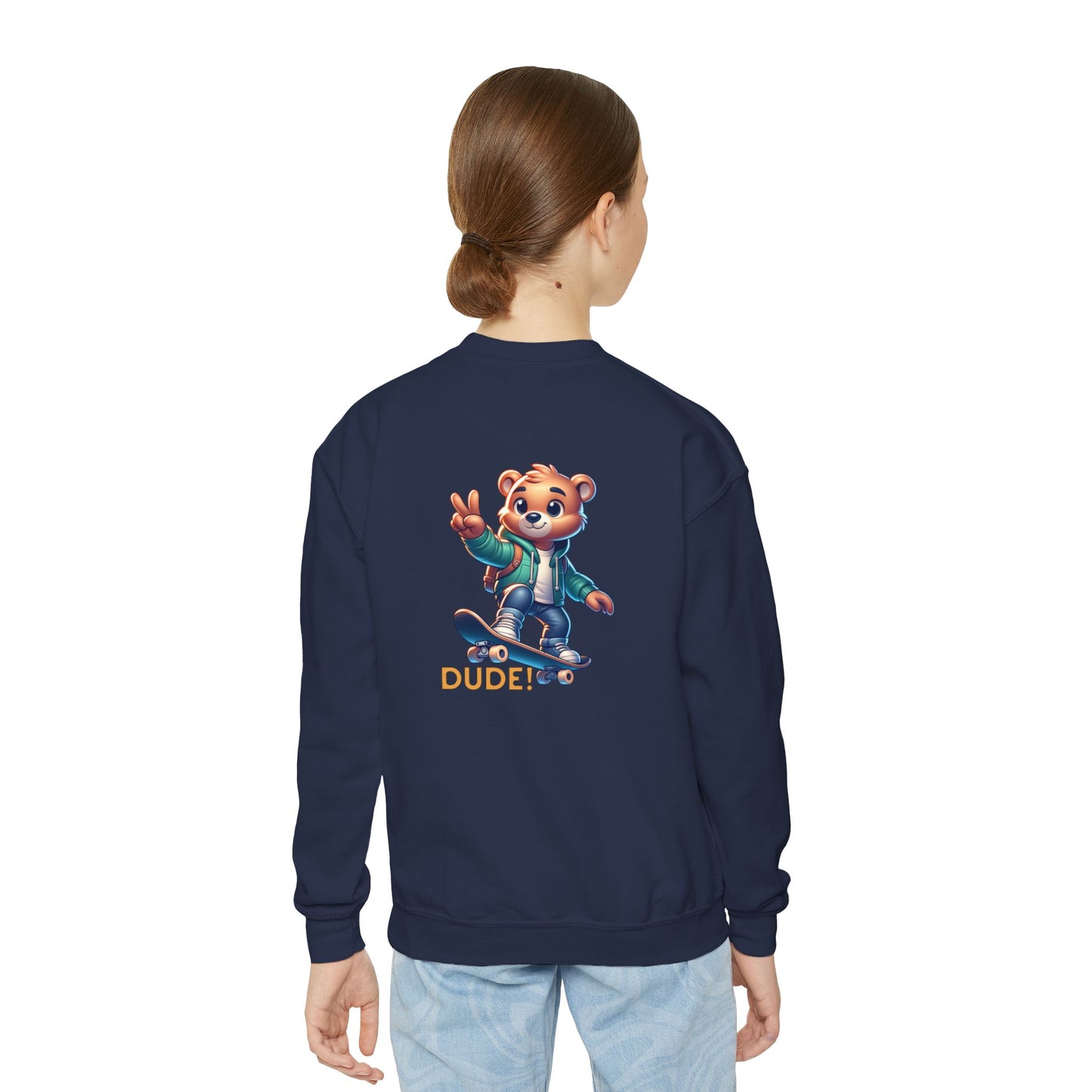 Bear Skateboard Youth Crewneck Sweatshirt with 'DUDE'