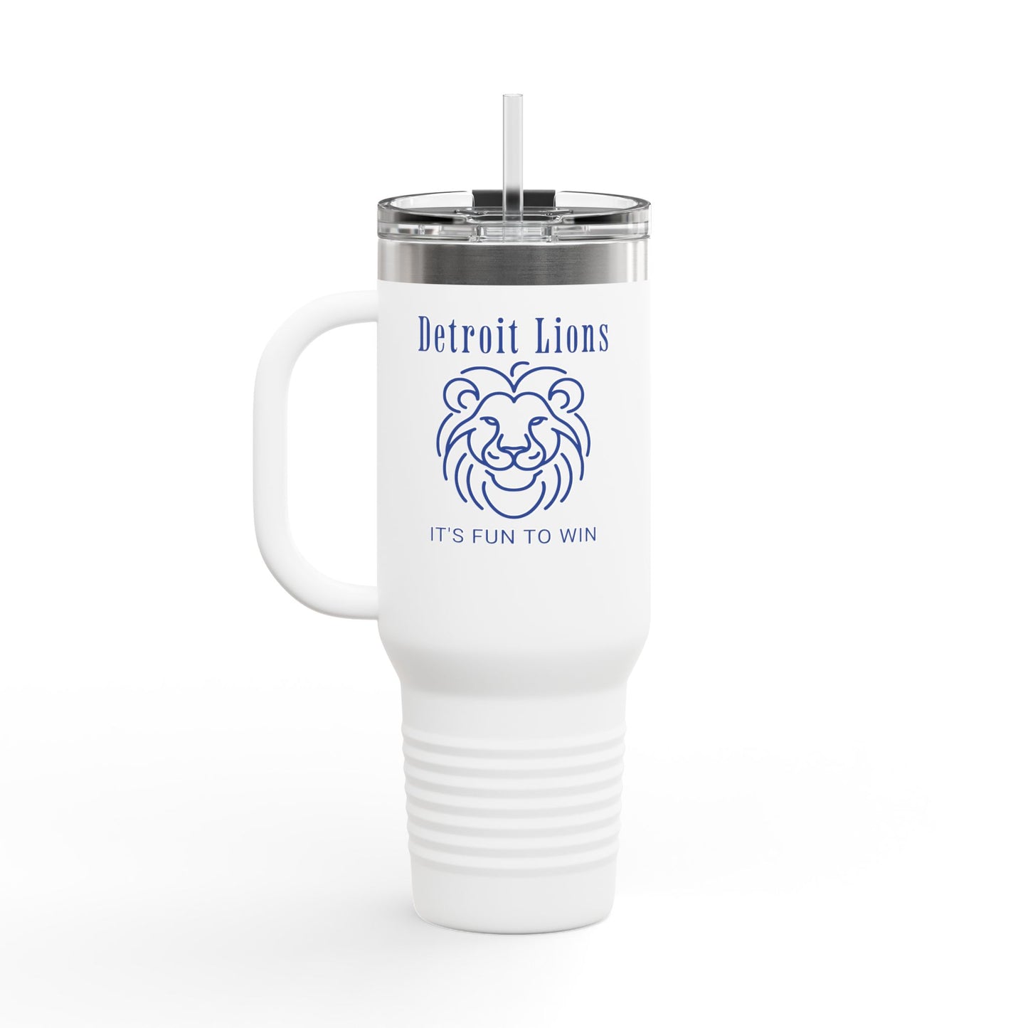 Travel Mug features a lion with a hat that says DETROIT