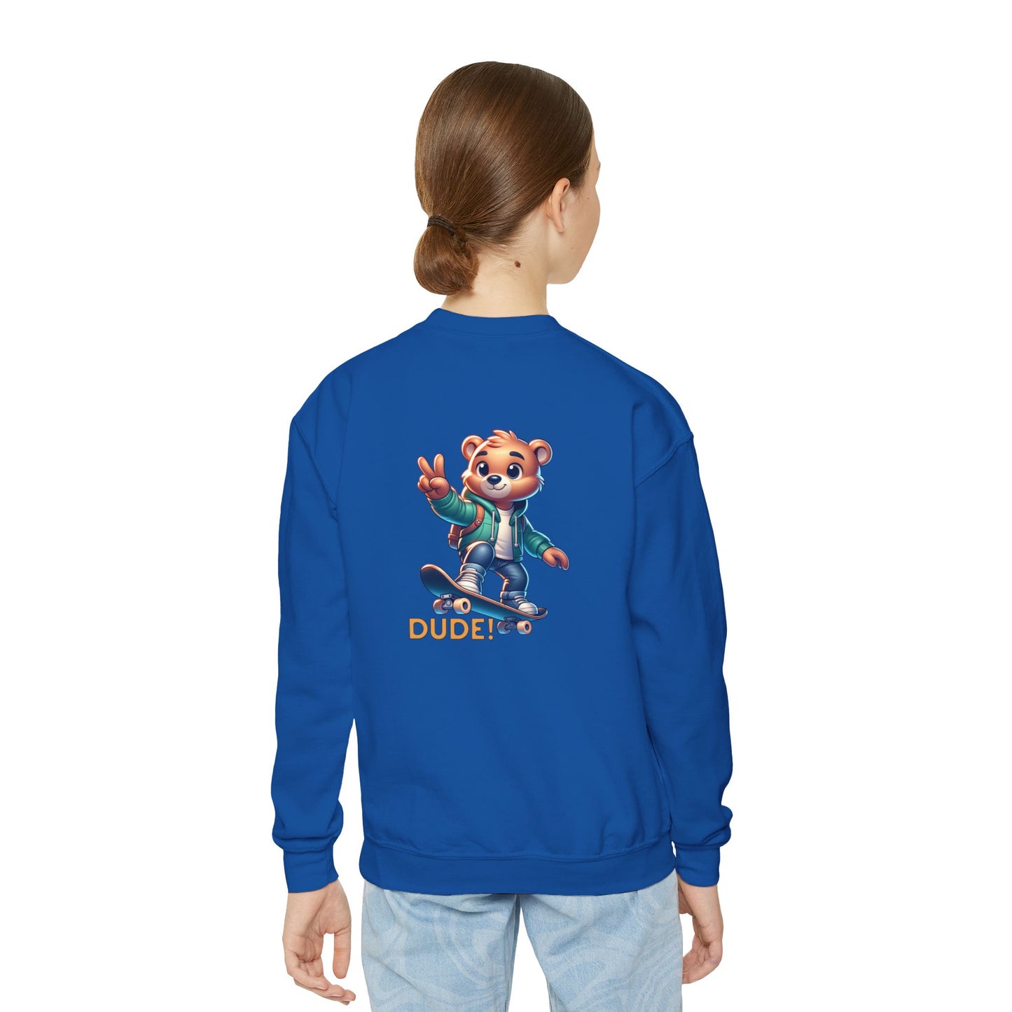 Bear Skateboard Youth Crewneck Sweatshirt with 'DUDE'