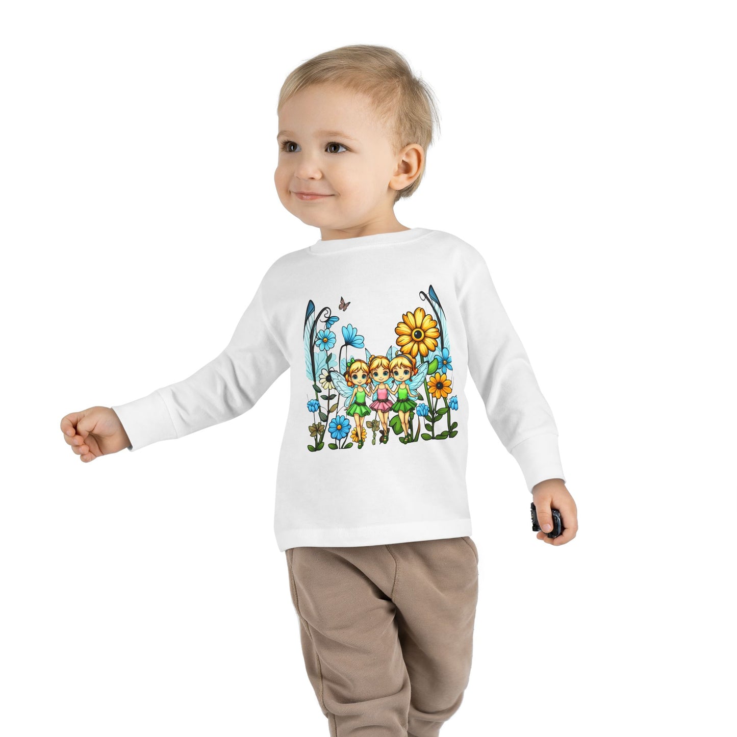 Toddler Long Sleeve Tee – Cute Happy Fairies in a Flower Garden Design"