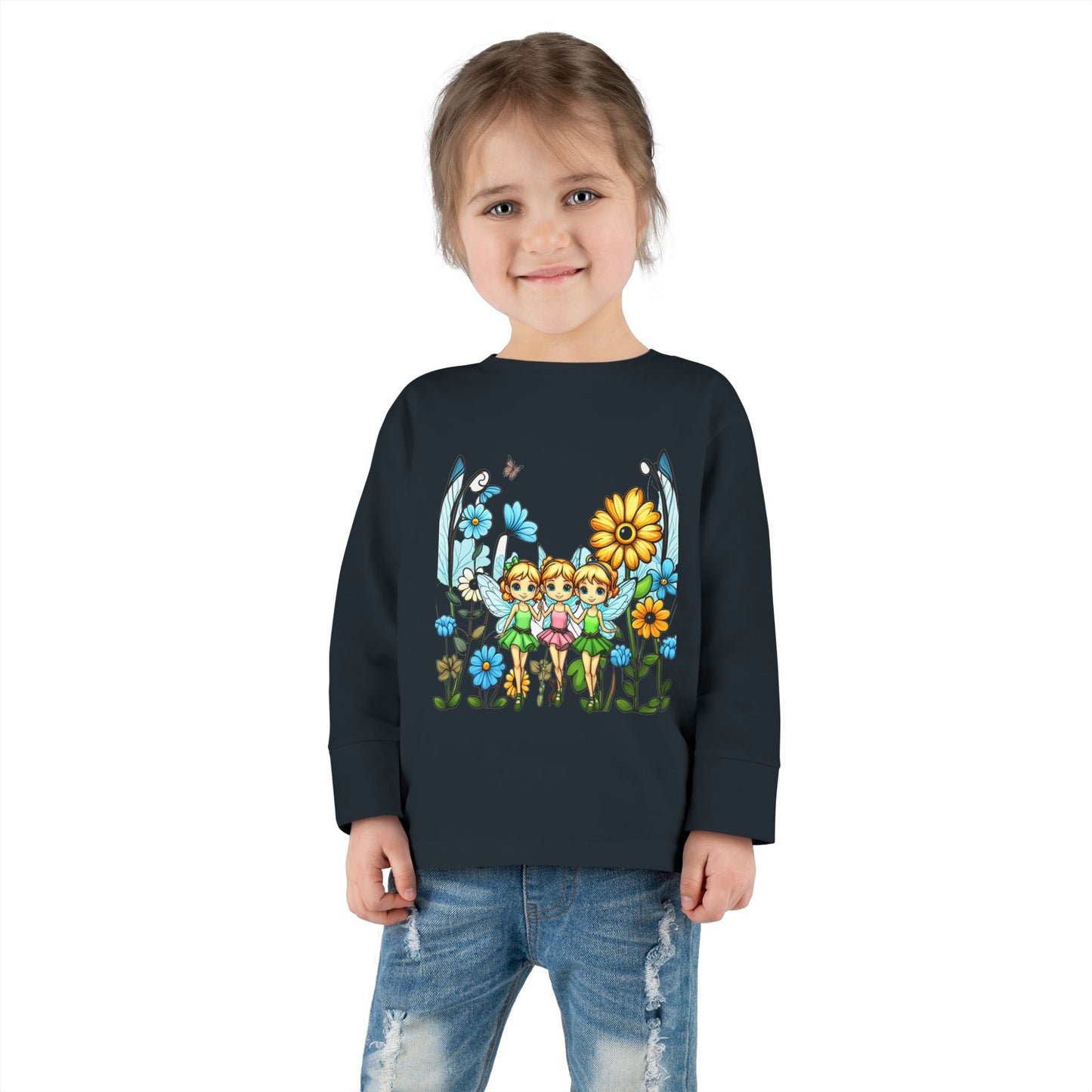 Toddler Long Sleeve Tee – Cute Happy Fairies in a Flower Garden Design"