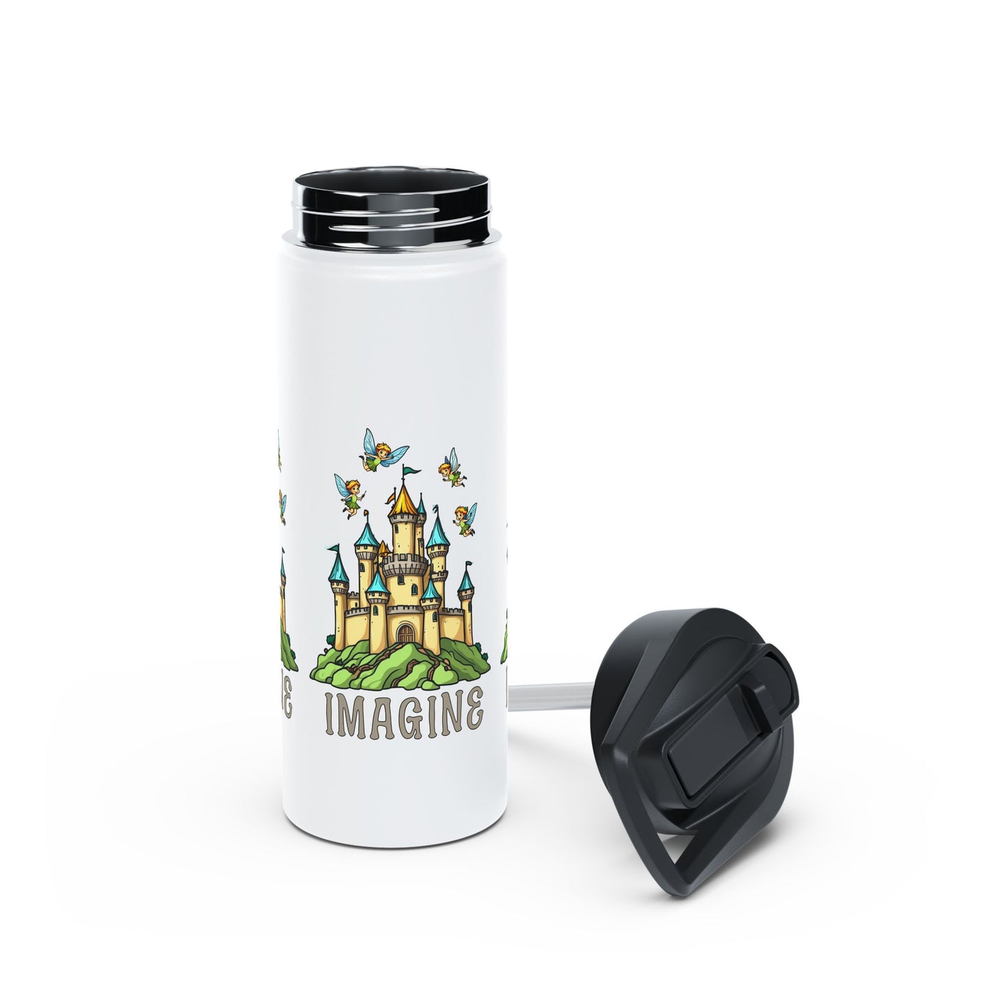 Water Bottle - Whimsical Fairies Flying Above Castle - IMAGINE