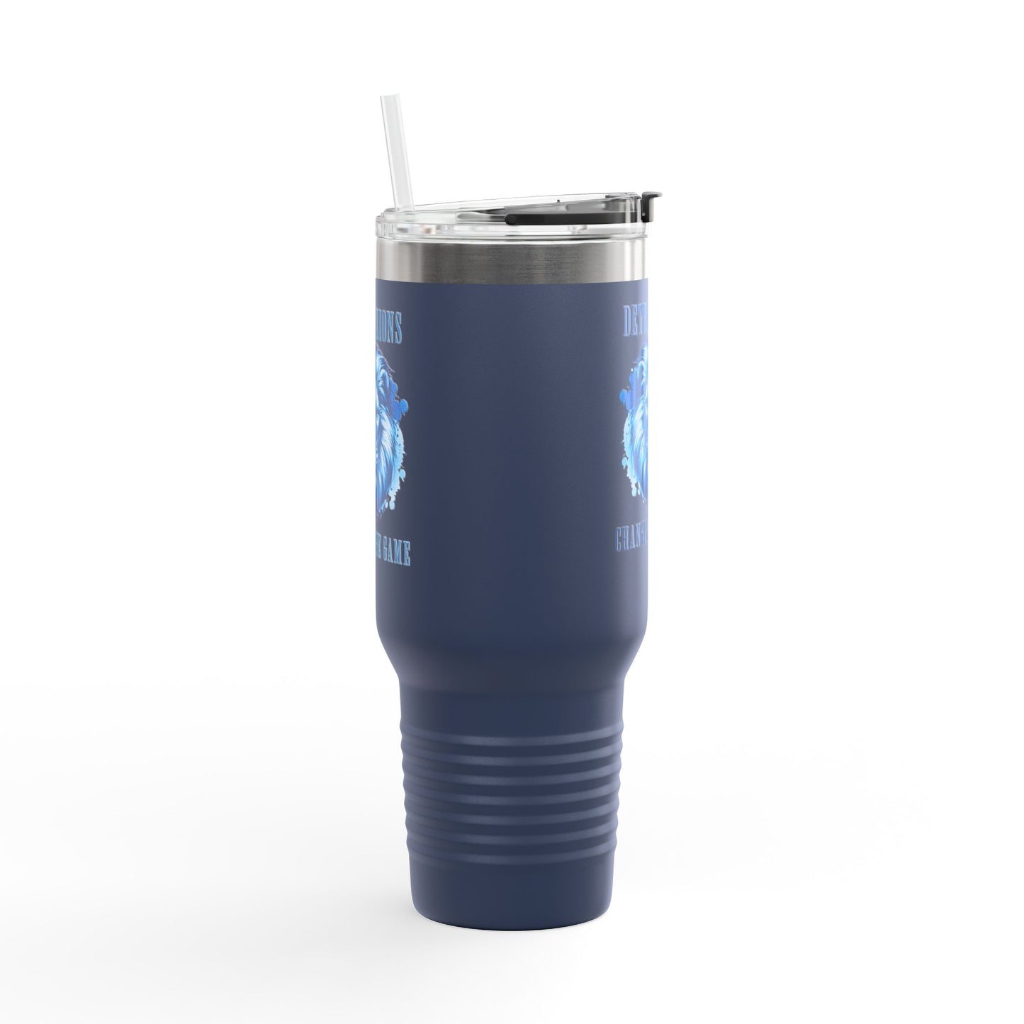 Travel Mug features a quote, "Detroit Lions, Changing the Game"