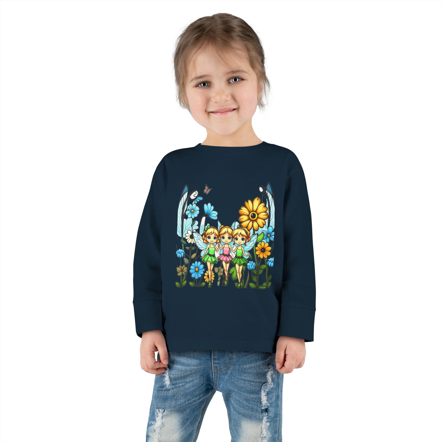 Toddler Long Sleeve Tee – Cute Happy Fairies in a Flower Garden Design"
