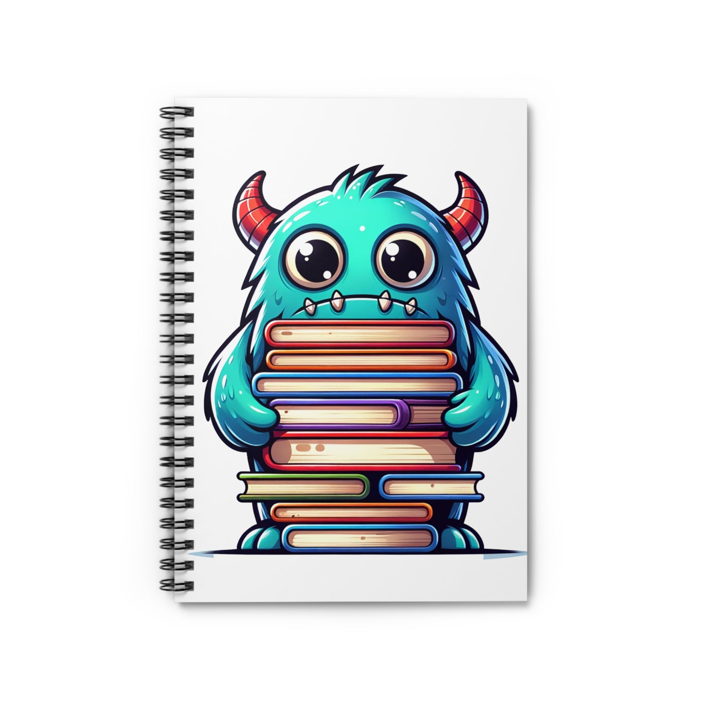 Spiral Notebook - Ruled Line Cute Monster with Stack of Books Design"