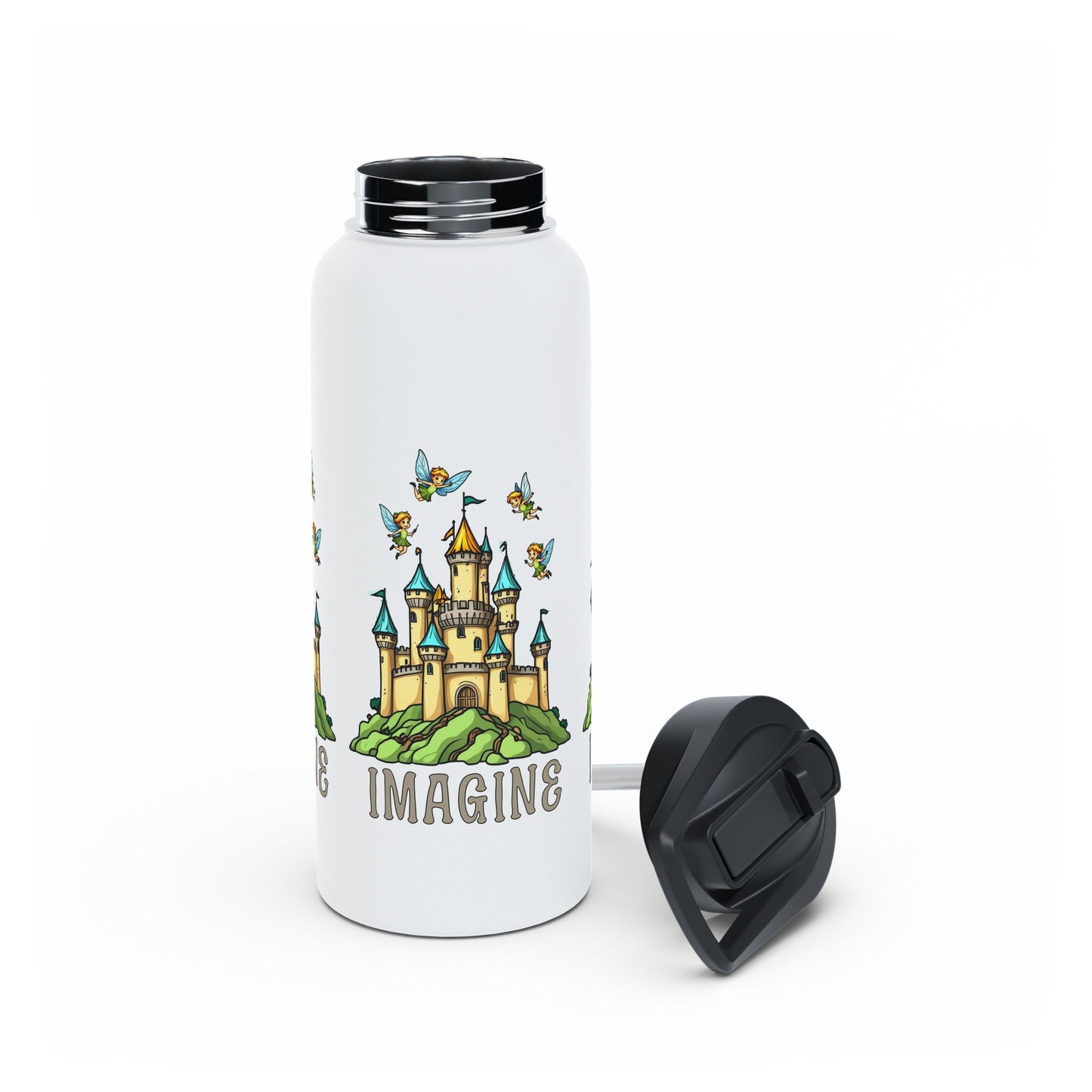 Water Bottle - Whimsical Fairies Flying Above Castle - IMAGINE