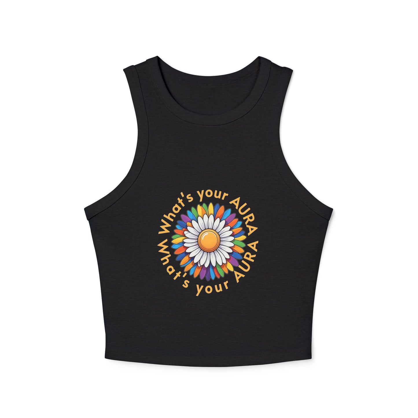 Women's Micro Rib Racer Tank Top – Happy Sun Design with 'What's Your Aura?'"
