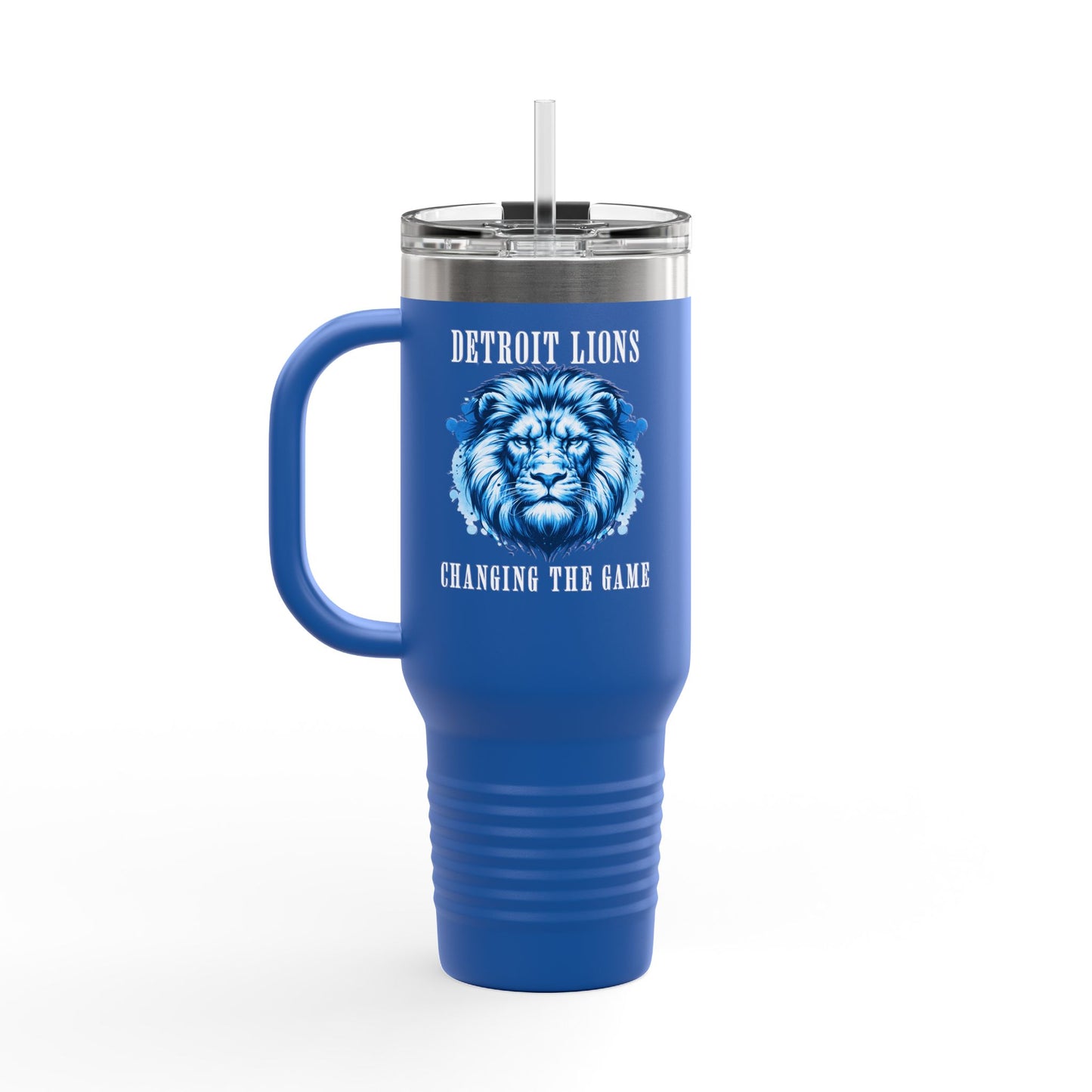 Travel Mug features a quote, "Detroit Lions, Changing the Game"