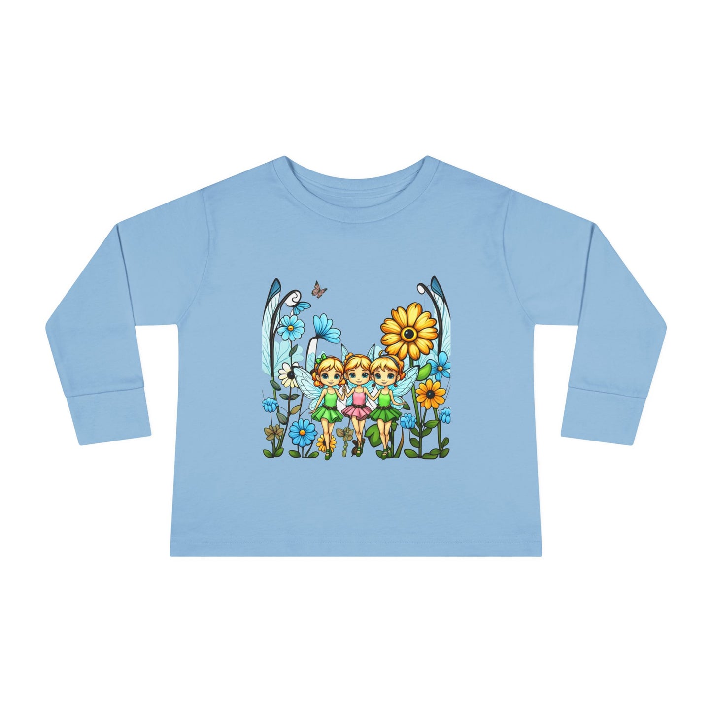 Toddler Long Sleeve Tee – Cute Happy Fairies in a Flower Garden Design"