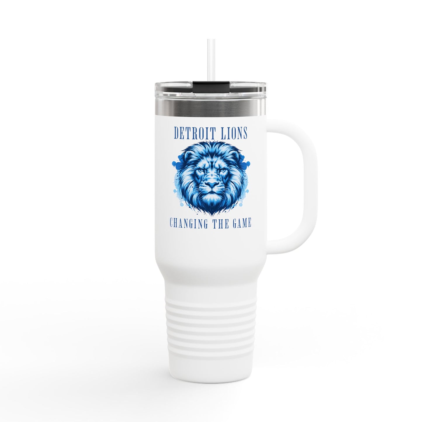 Travel Mug features a quote, "Detroit Lions, Changing the Game"