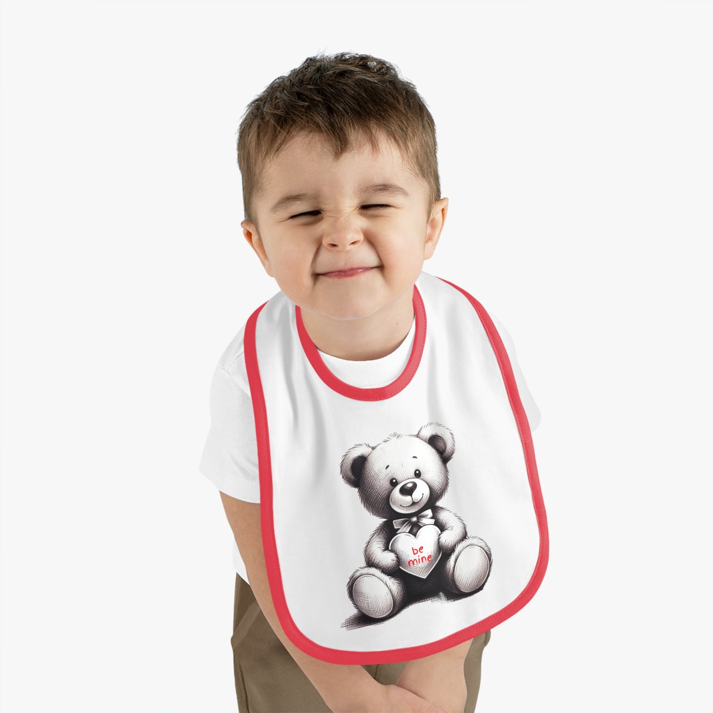 "Be Mine" – Adorable Teddy Bear Valentine’s Baby Contrast Trim Jersey Bib