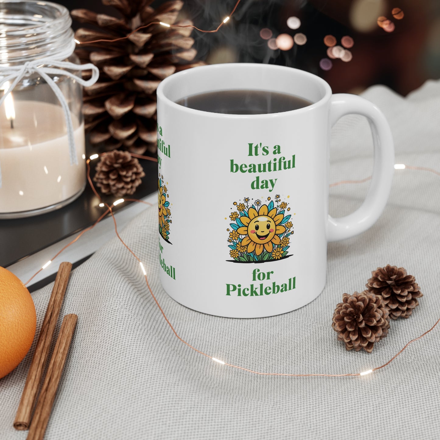 Mug 11oz "It's a Beautiful Day for Pickleball Coffee Mug – Sun & Flowers Design"
