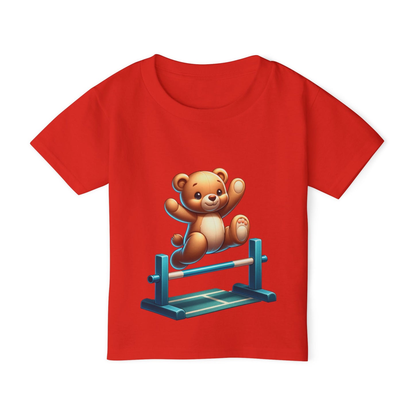 Teddy bear Jumping Hurdles, Heavy Cotton™ Toddler T-shirt, olympics, child, sports, track and field, many color choices, boy, girl