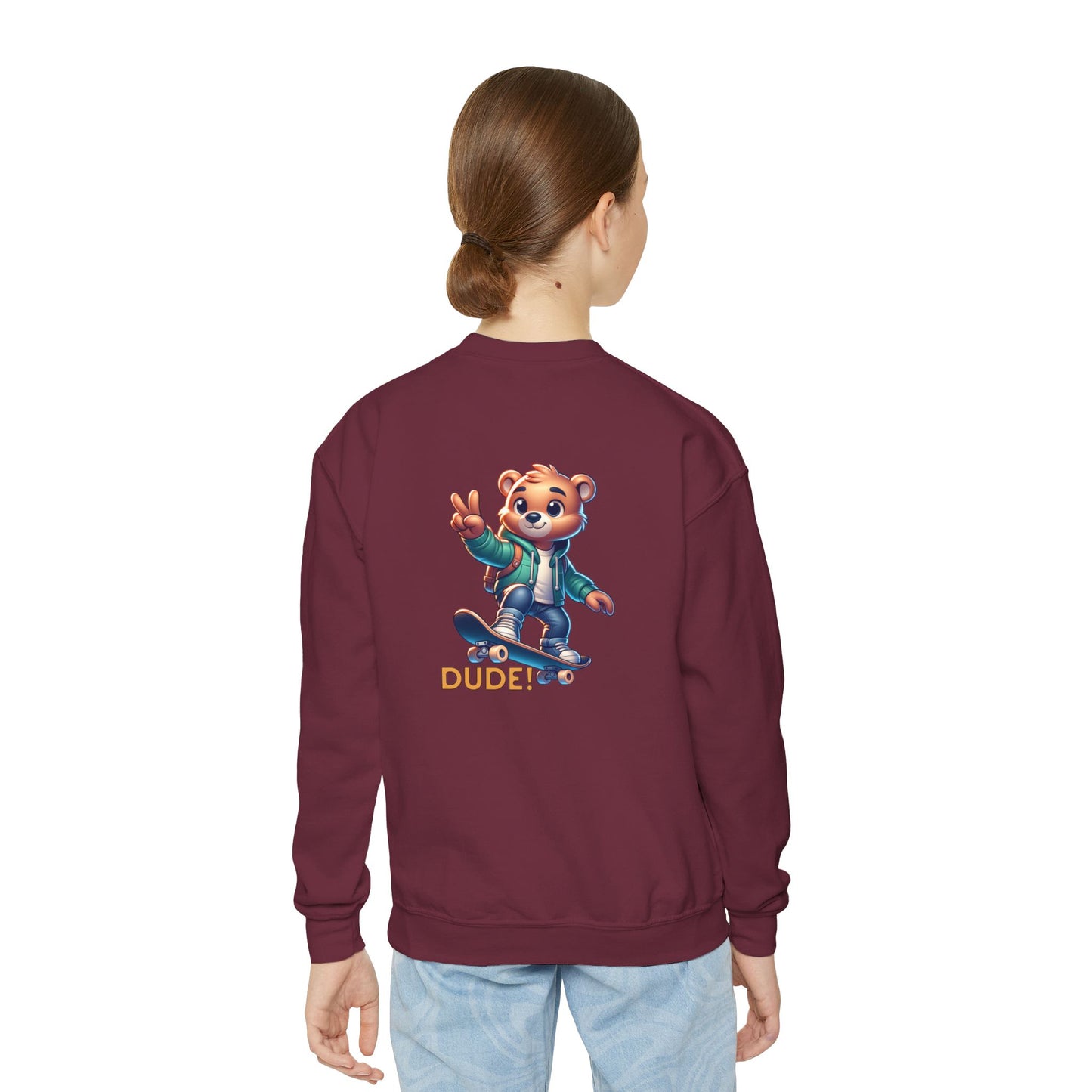 Bear Skateboard Youth Crewneck Sweatshirt with 'DUDE'