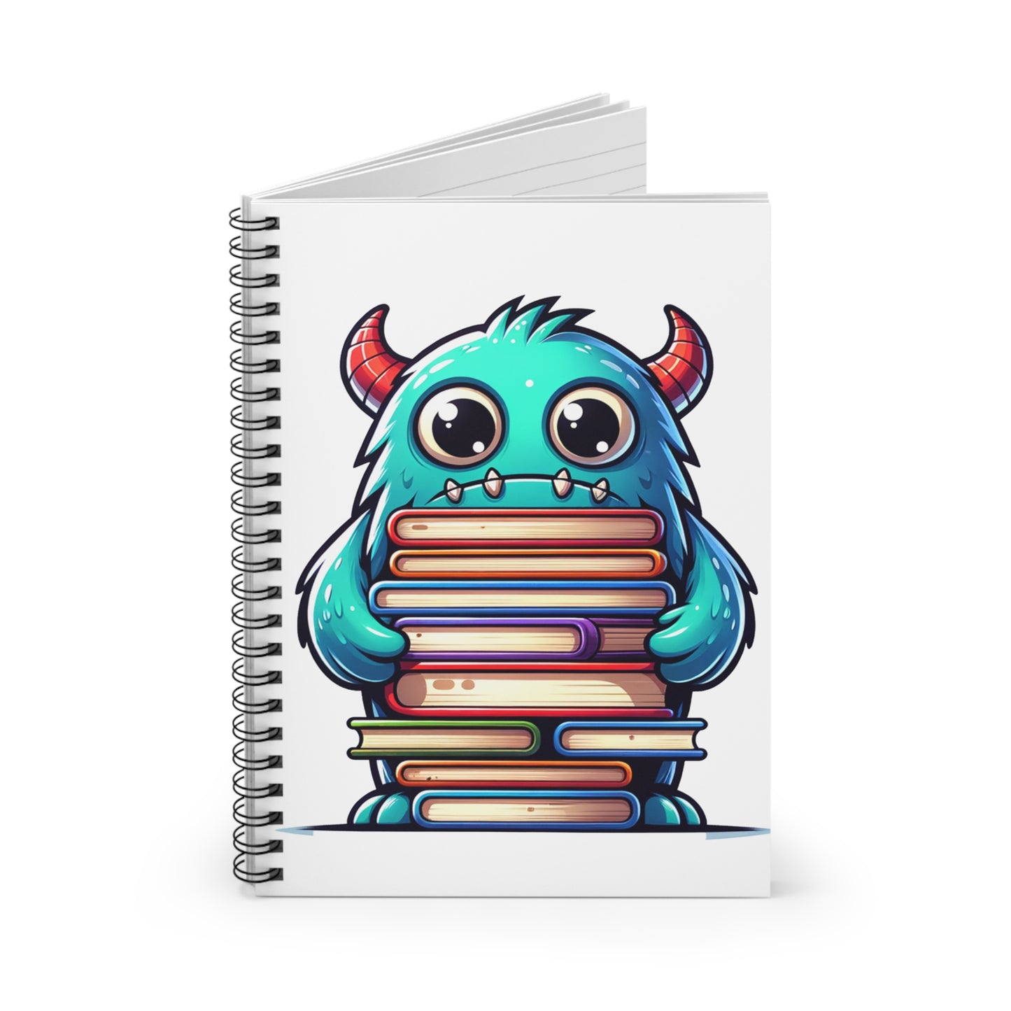 Spiral Notebook - Ruled Line Cute Monster with Stack of Books Design"
