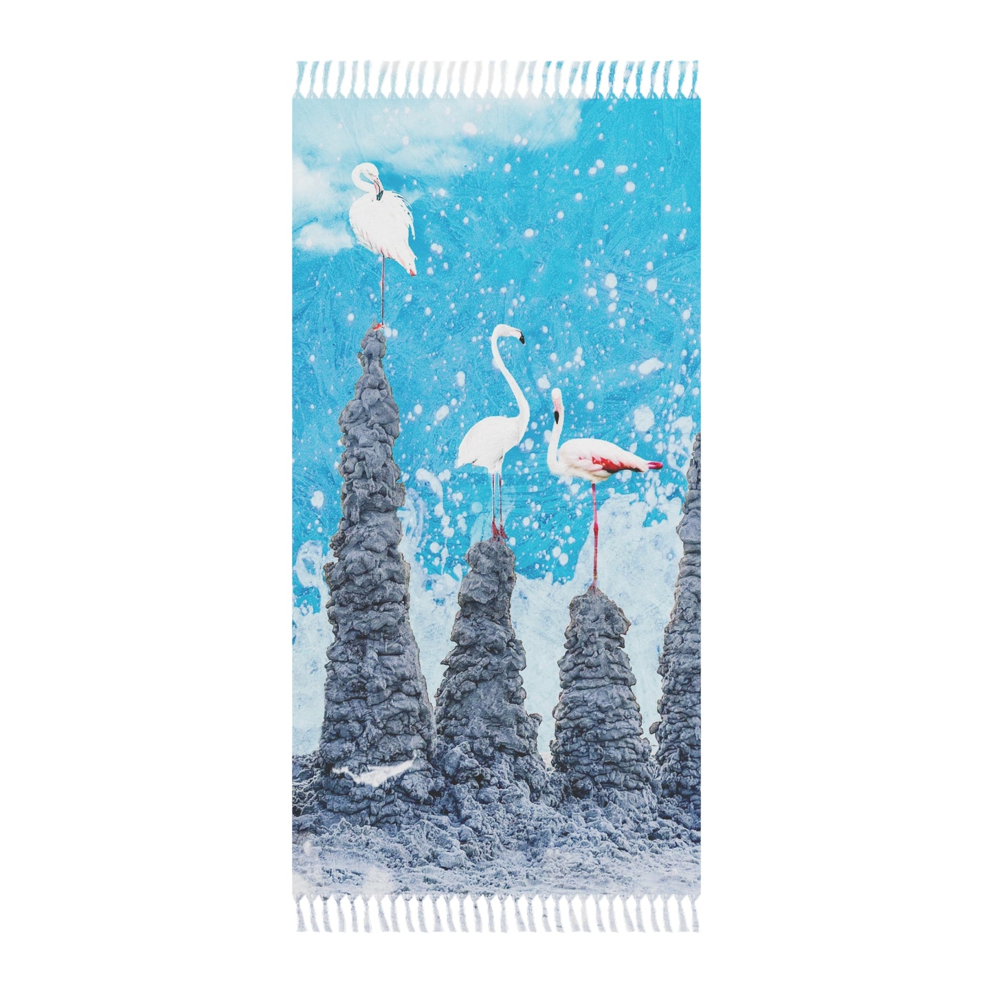 Flamingos playing on sand castles - vibrant beach cloth - Finn and Feathers Collection