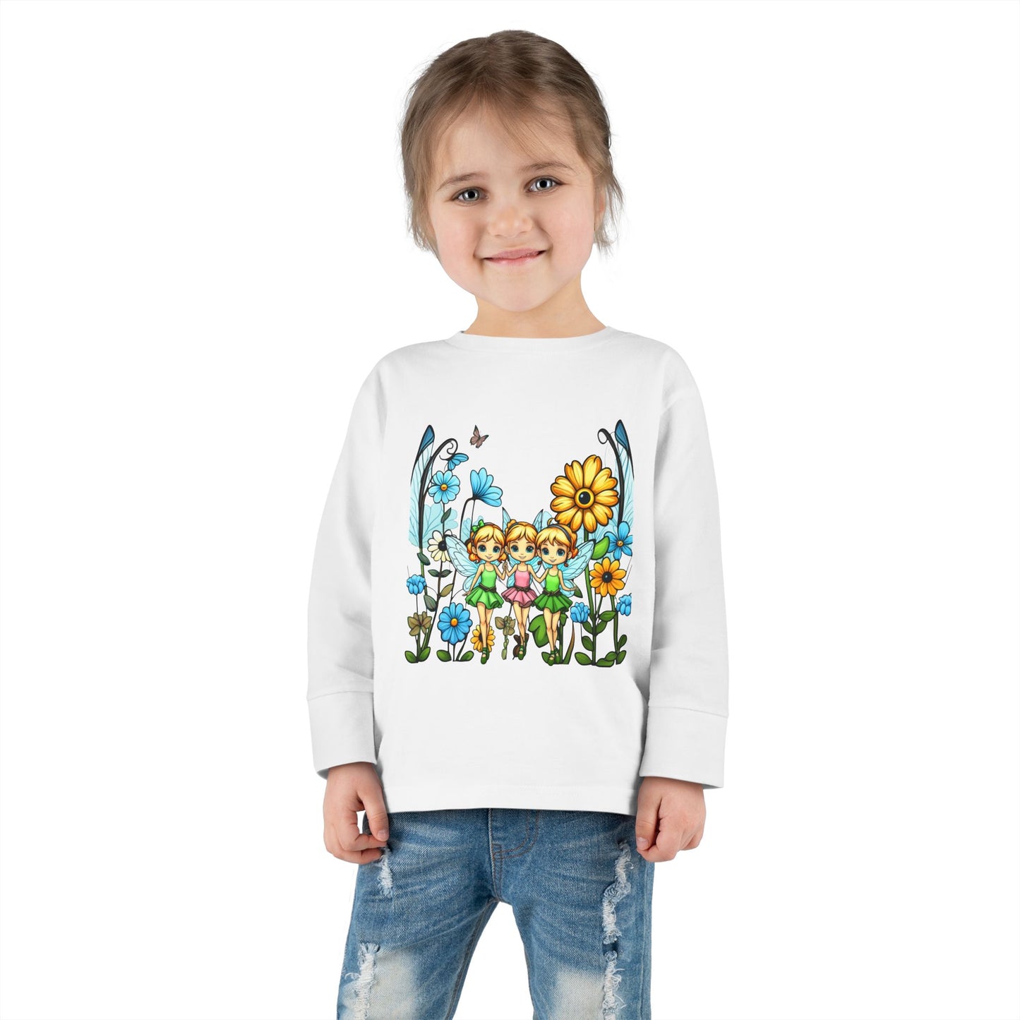 Toddler Long Sleeve Tee – Cute Happy Fairies in a Flower Garden Design"