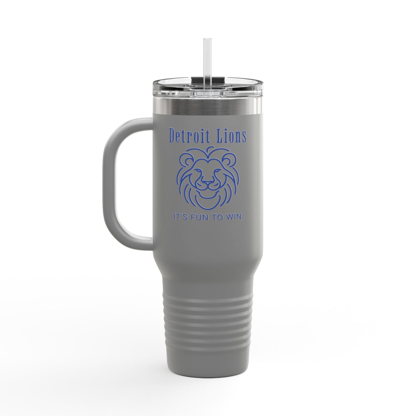Travel Mug features a lion with a hat that says DETROIT