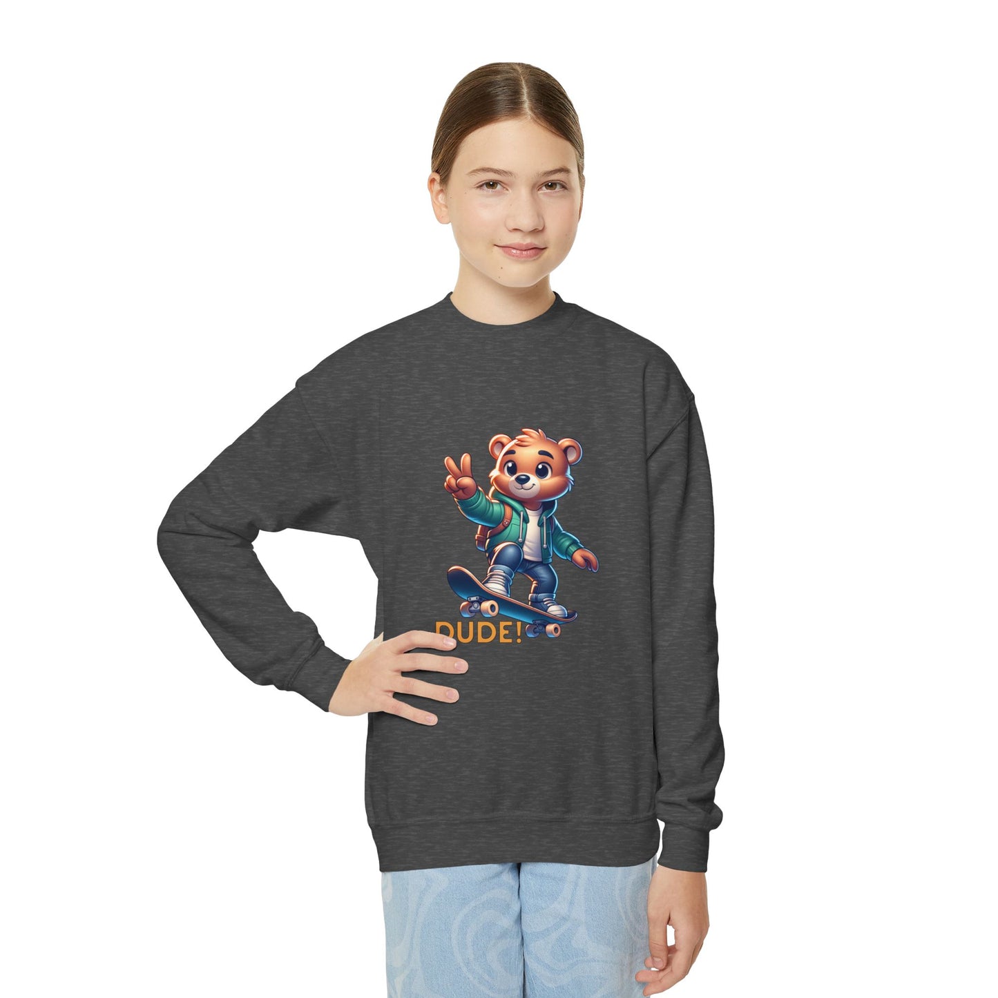 Bear Skateboard Youth Crewneck Sweatshirt with 'DUDE'