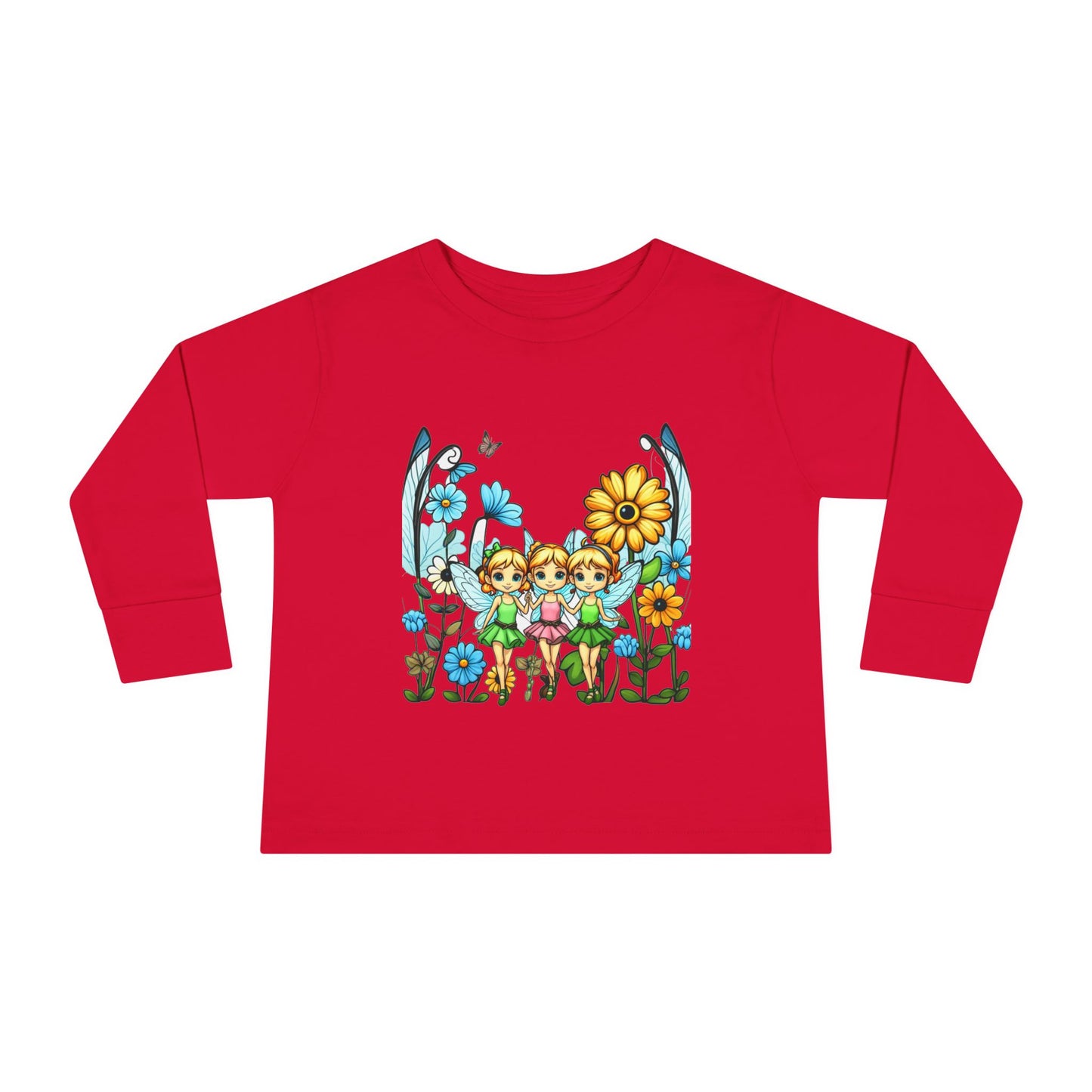Toddler Long Sleeve Tee – Cute Happy Fairies in a Flower Garden Design"