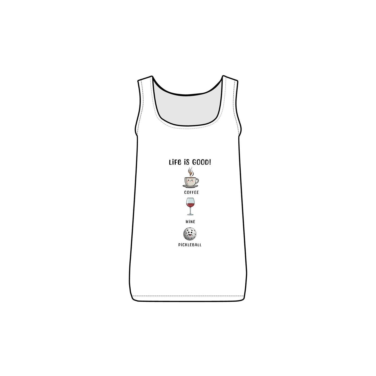 features a steaming cup of coffee, pickleball, and a glass of wine with the words 'Life is Good' Women's Baby Rib Tank