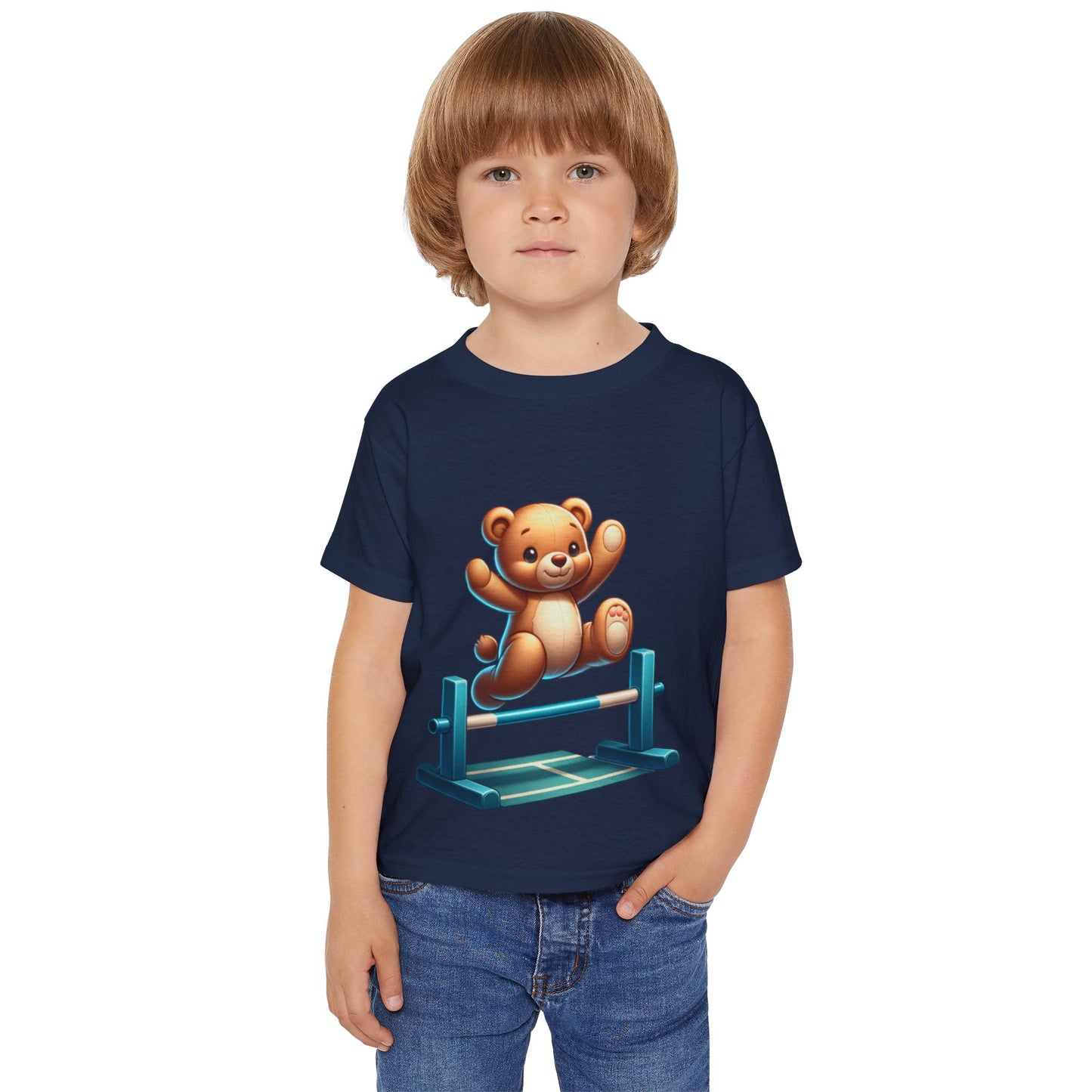 Teddy bear Jumping Hurdles, Heavy Cotton™ Toddler T-shirt, olympics, child, sports, track and field, many color choices, boy, girl