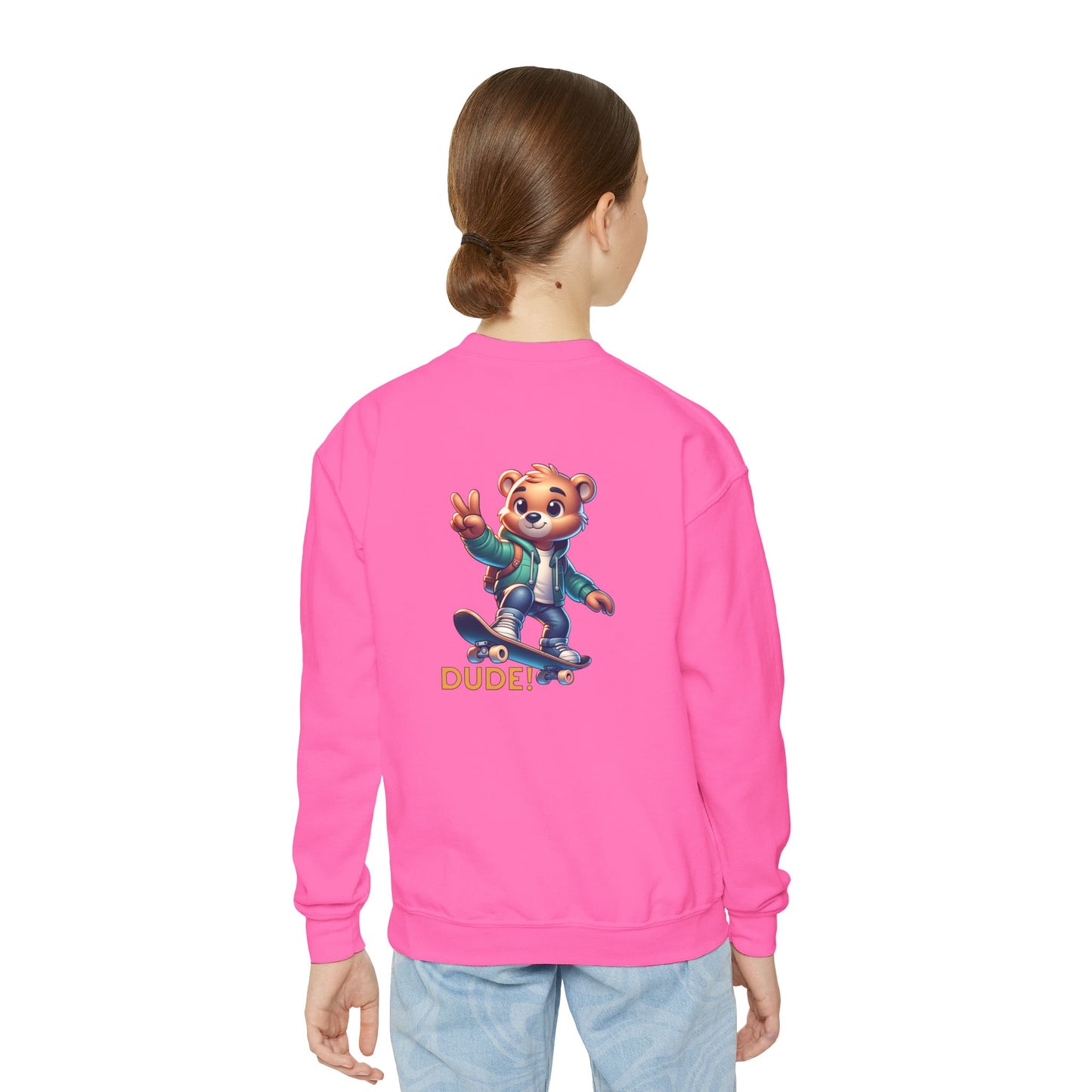 Bear Skateboard Youth Crewneck Sweatshirt with 'DUDE'