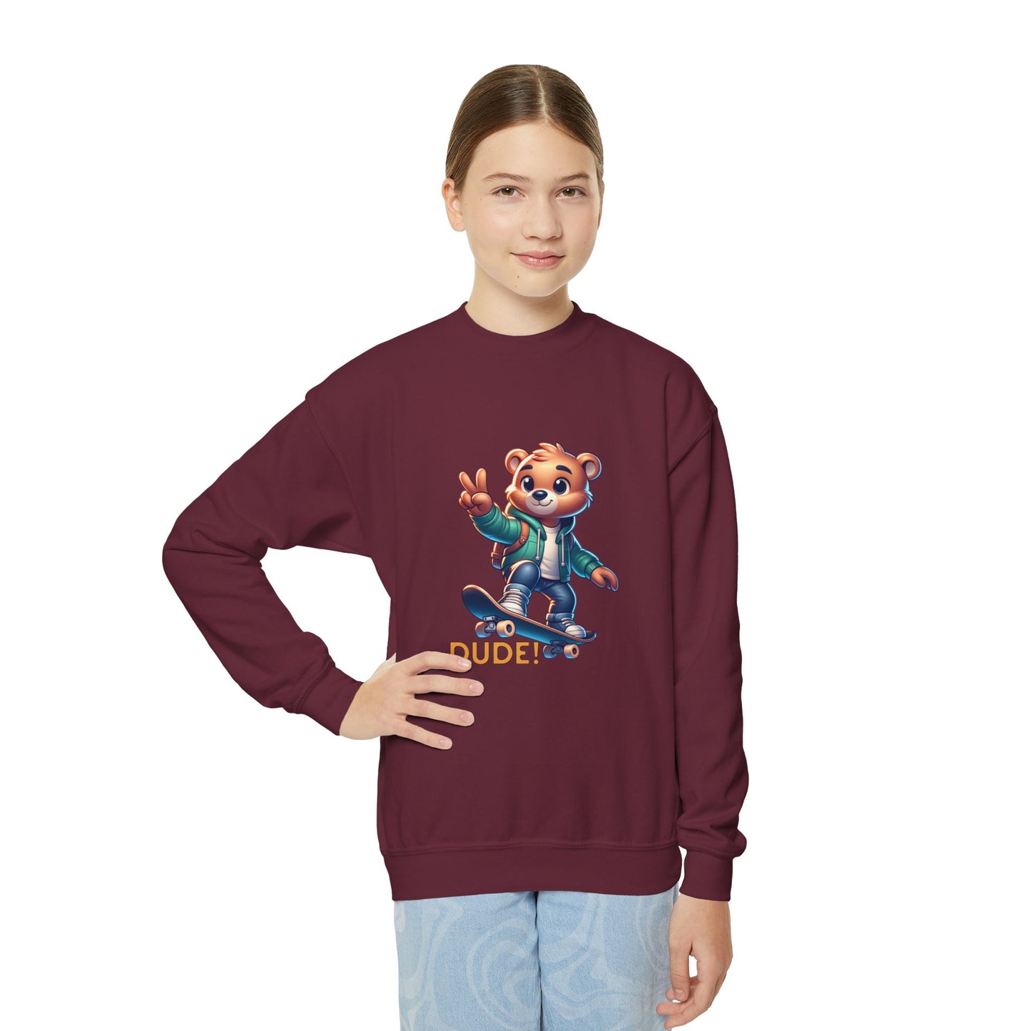 Bear Skateboard Youth Crewneck Sweatshirt with 'DUDE'