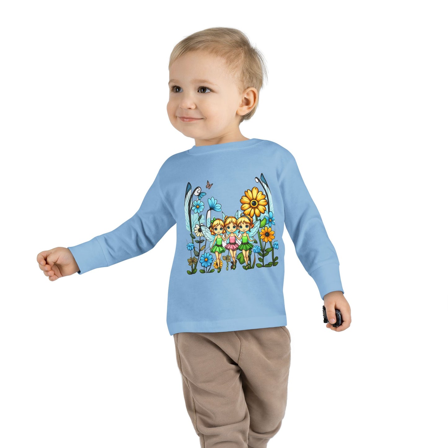 Toddler Long Sleeve Tee – Cute Happy Fairies in a Flower Garden Design"