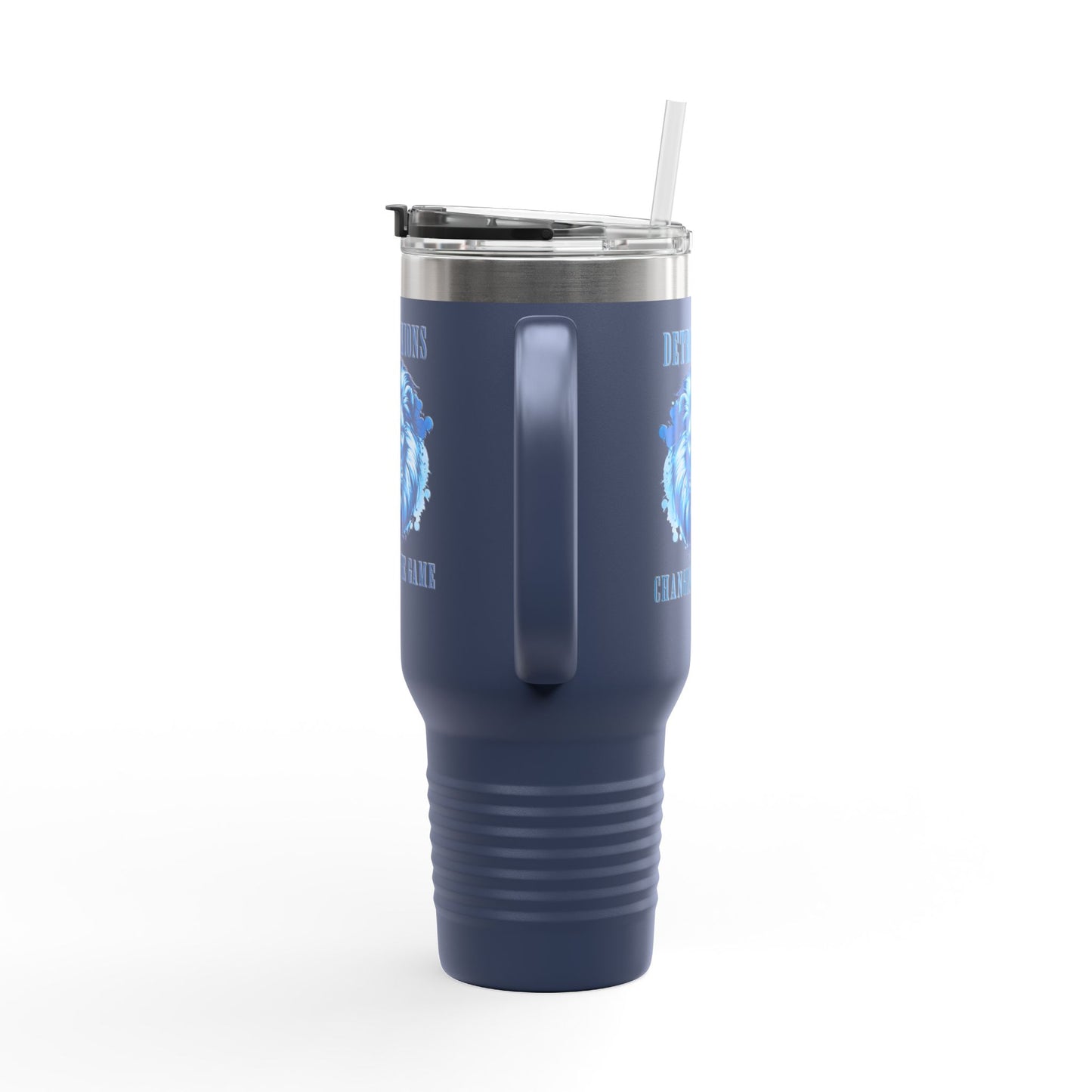 Travel Mug features a quote, "Detroit Lions, Changing the Game"