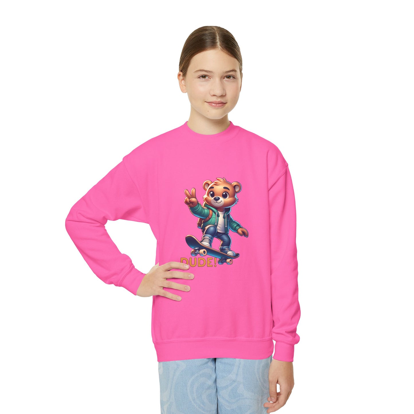 Bear Skateboard Youth Crewneck Sweatshirt with 'DUDE'