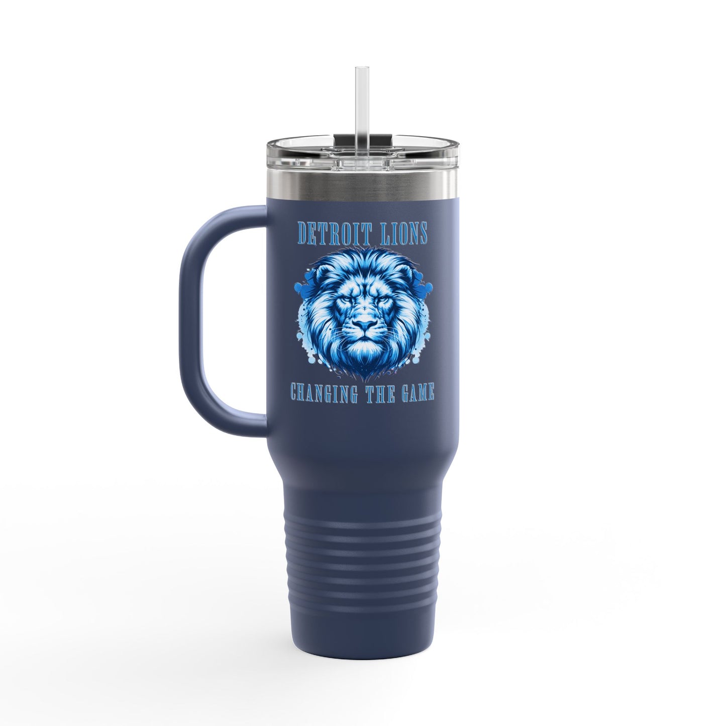 Travel Mug features a quote, "Detroit Lions, Changing the Game"