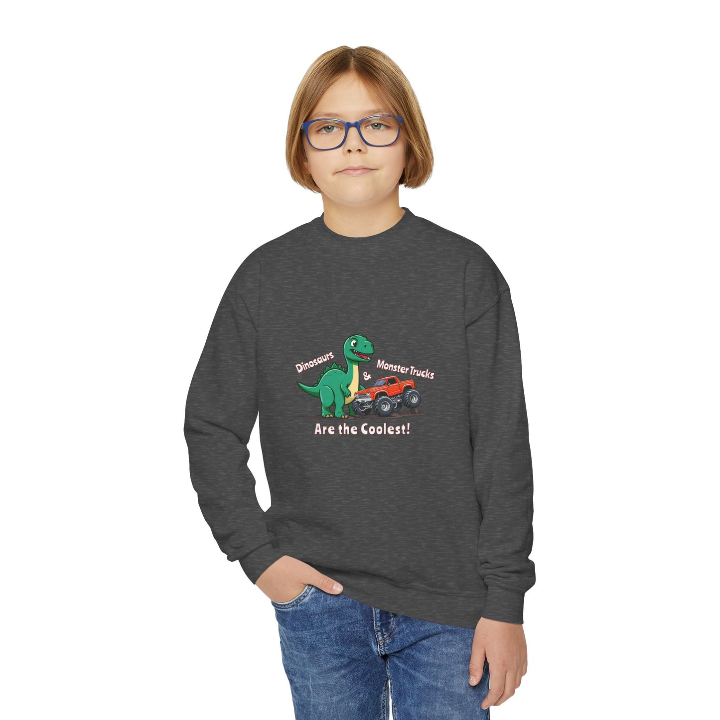 Dinosaurs & Monster Trucks Are the Coolest Youth Crewneck Sweatshirt