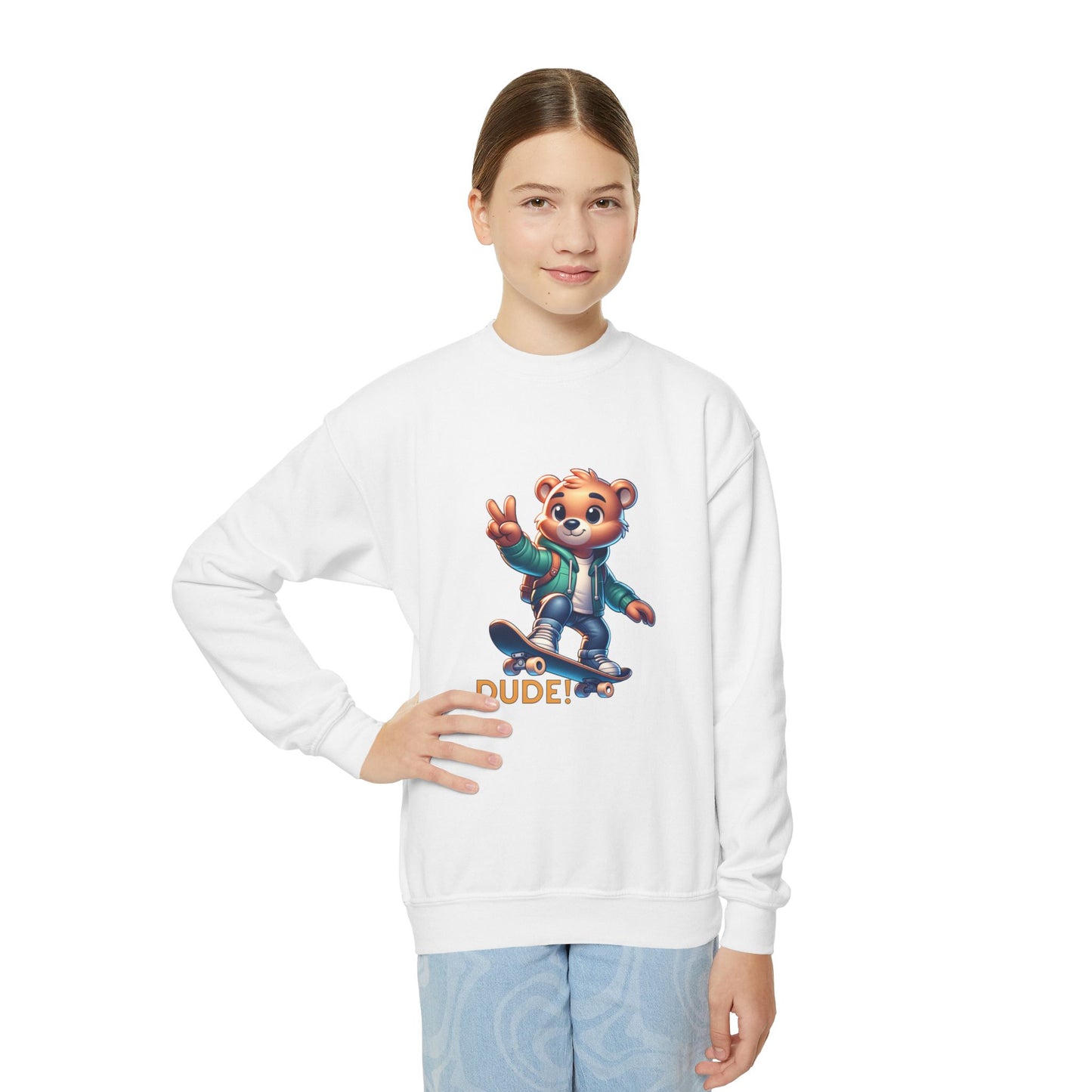 Bear Skateboard Youth Crewneck Sweatshirt with 'DUDE'