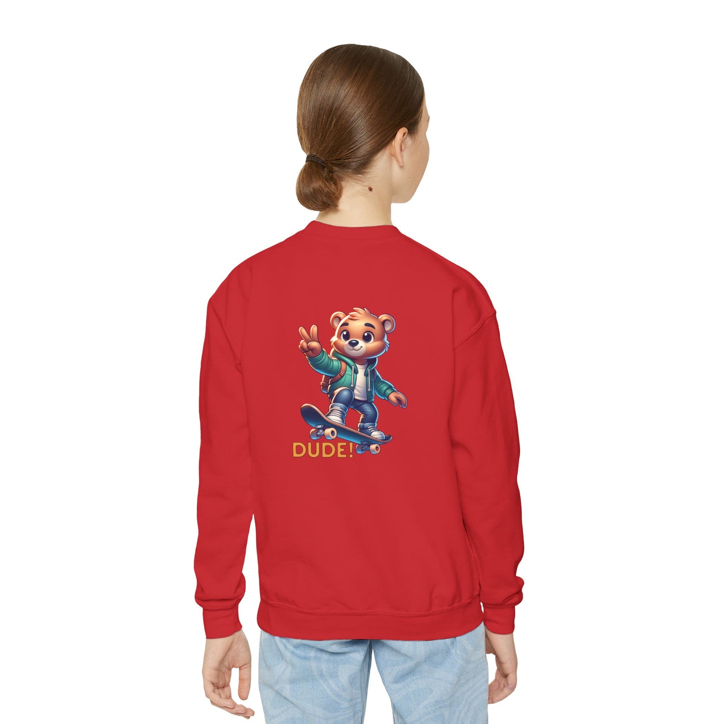 Bear Skateboard Youth Crewneck Sweatshirt with 'DUDE'