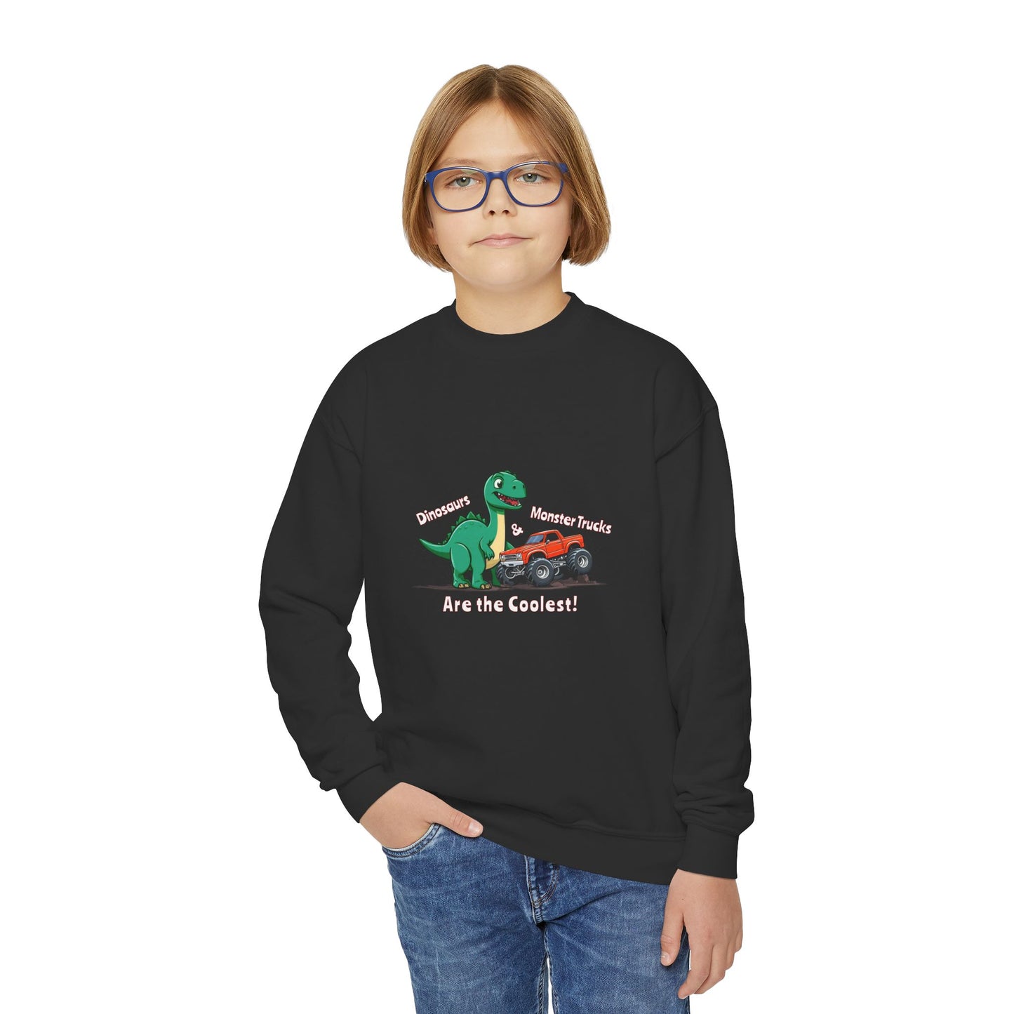 Dinosaurs & Monster Trucks Are the Coolest Youth Crewneck Sweatshirt
