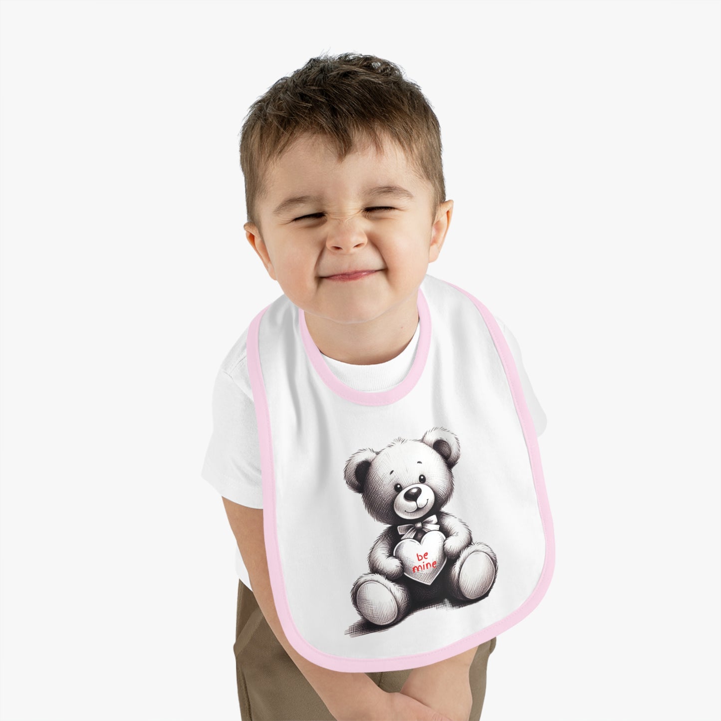 "Be Mine" – Adorable Teddy Bear Valentine’s Baby Contrast Trim Jersey Bib