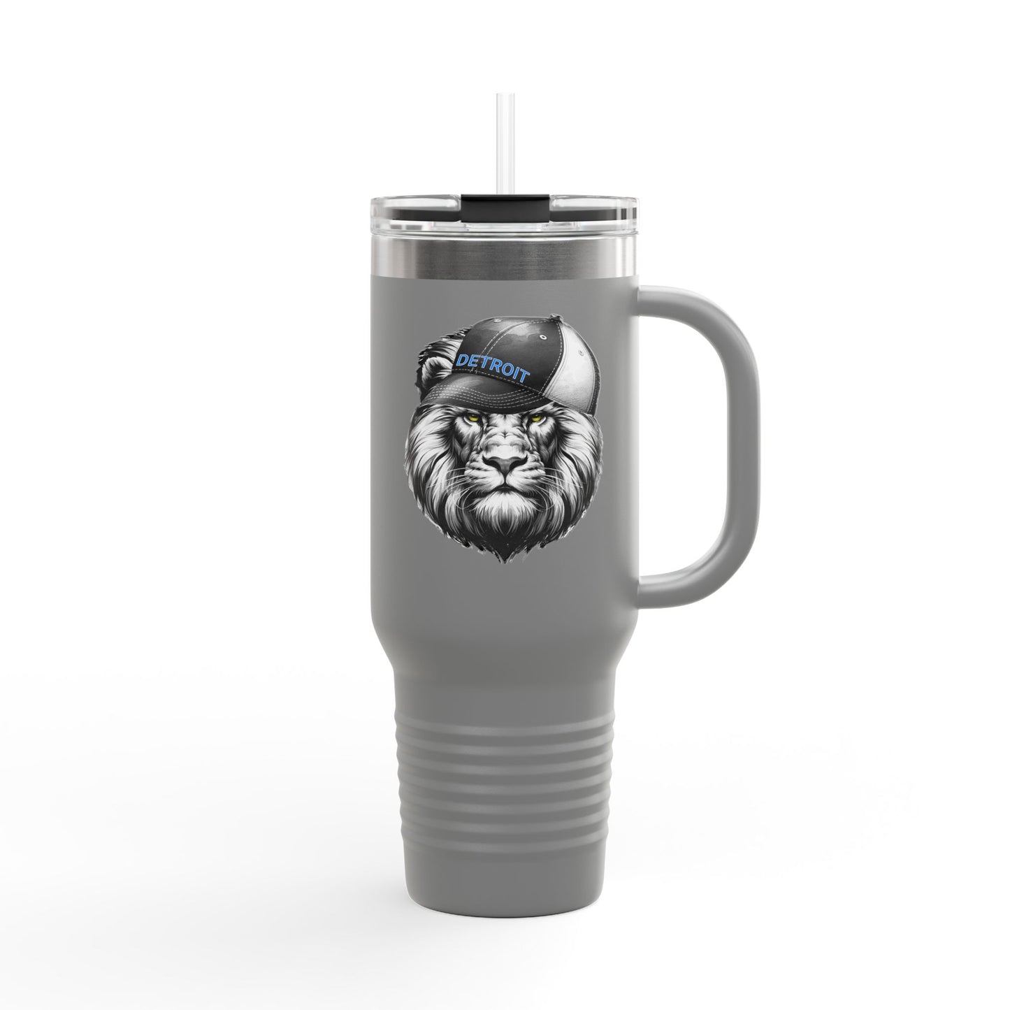 Travel Mug features a lion with a hat that says DETROIT