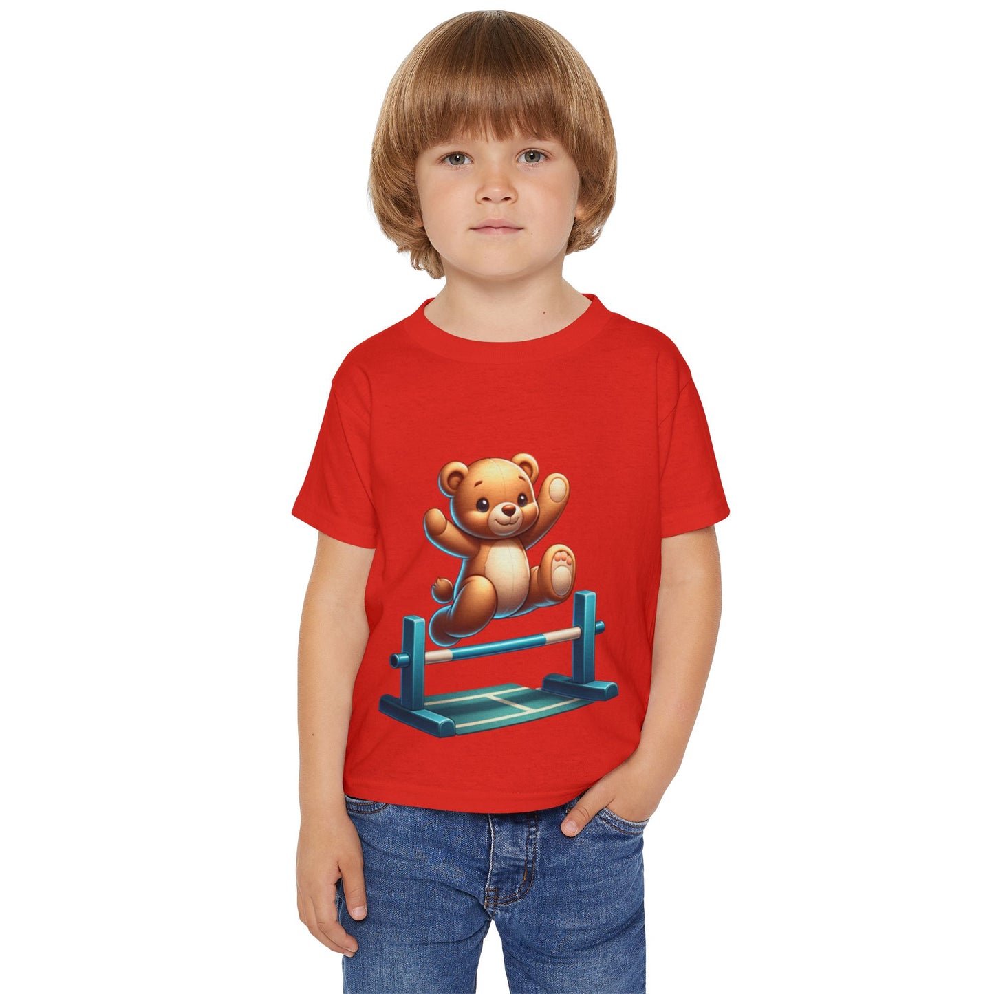 Teddy bear Jumping Hurdles, Heavy Cotton™ Toddler T-shirt, olympics, child, sports, track and field, many color choices, boy, girl